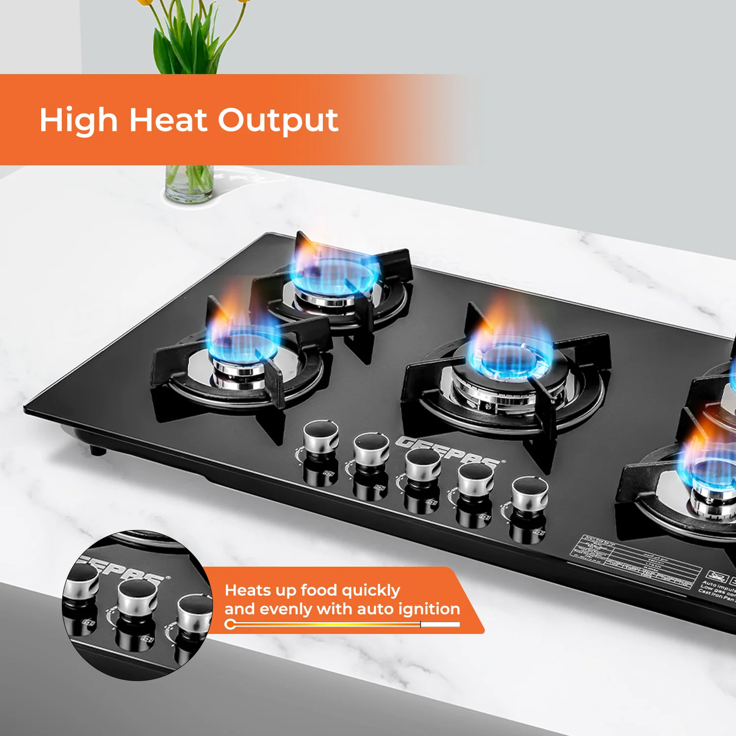 5-Burner Tempered Glass Built-In 8mm Gas Hob - Image 3