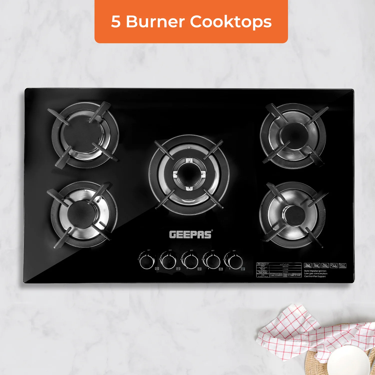 5-Burner Tempered Glass Built-In 8mm Gas Hob - Image 4
