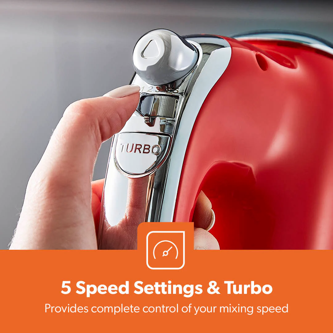 5-Speed Red and Chrome Retro Hand Mixer and Whisk - Image 3