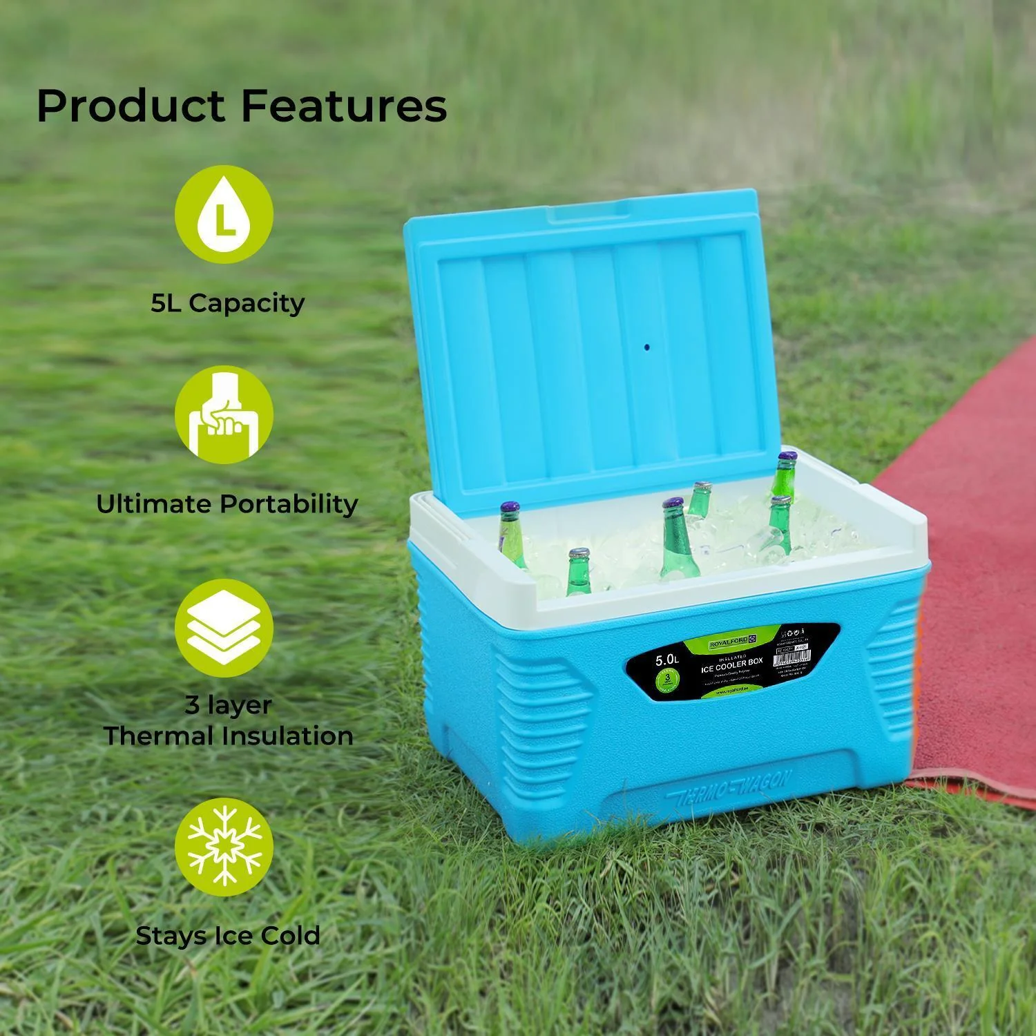 5L Insulated Ice Cooler Box - Blue - Portable, Lightweight - Image 2