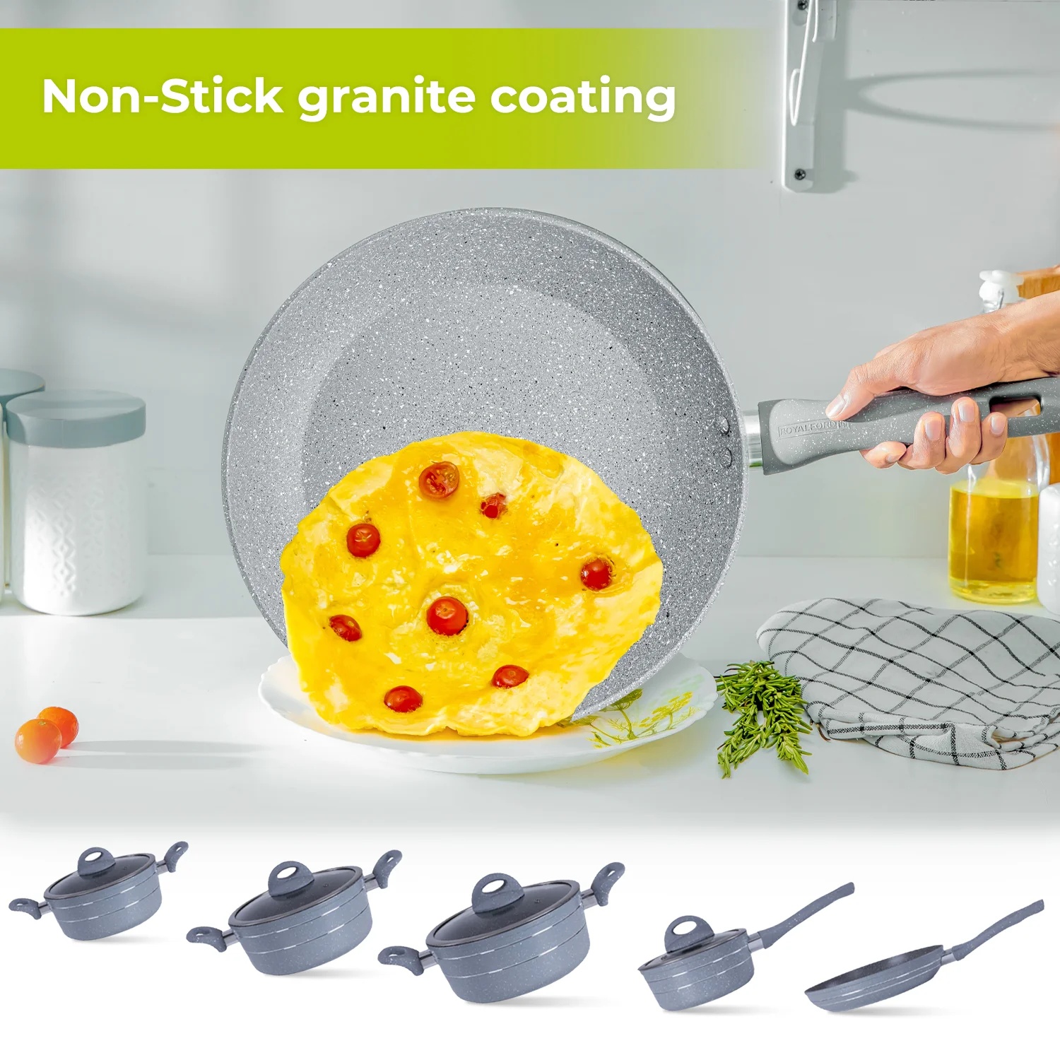 5-Piece Non-Stick Grey Kitchen Cookware Set - Image 3