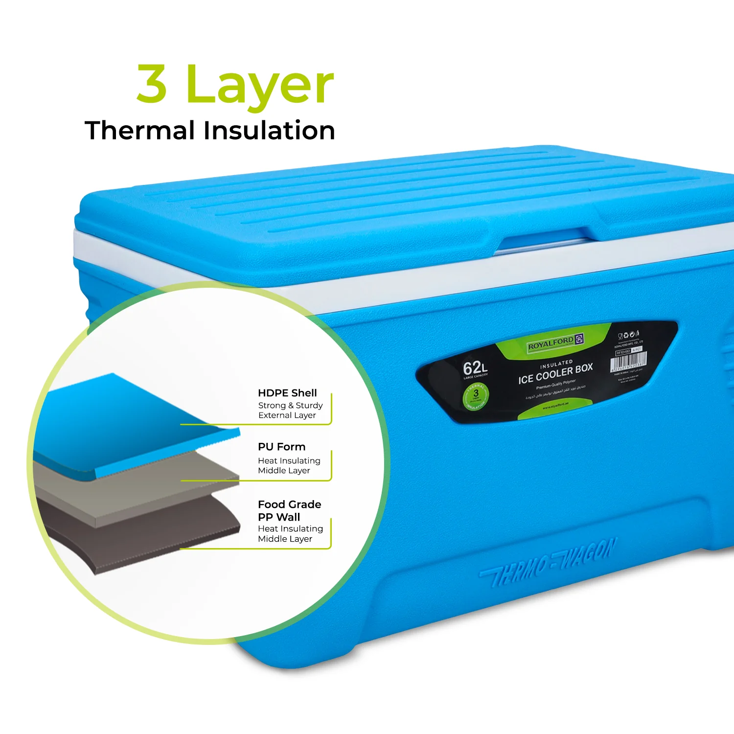 62L Blue 3-Layer Insulated Ice Cooler Box - Image 3