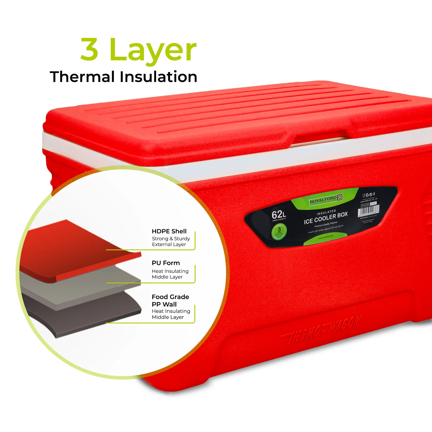 62L Red Insulated Ice Cooler Box - Image 3