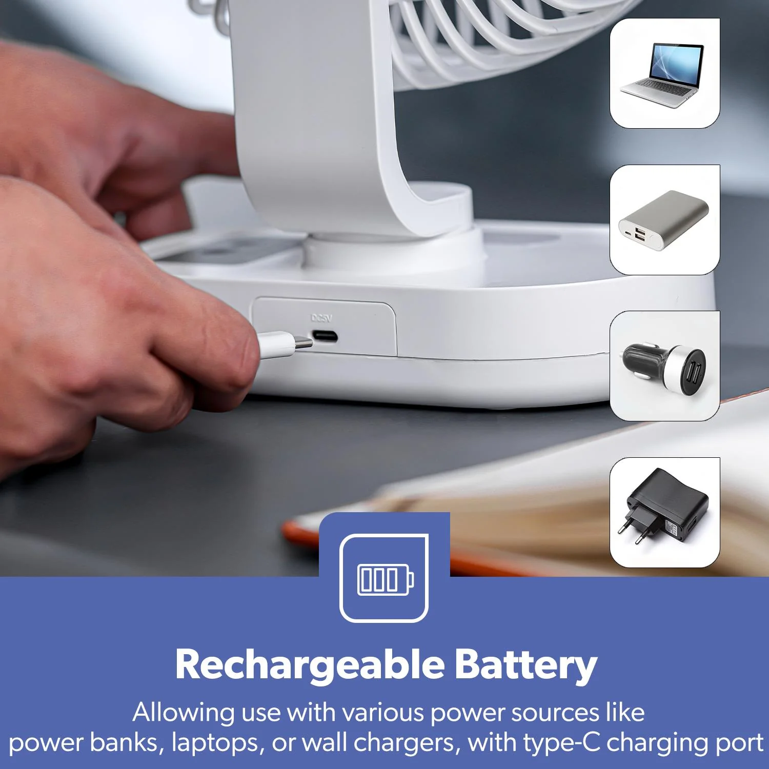 8-Inch Rechargeable AC/DC Portable Desk Fan With Night Light - Image 3