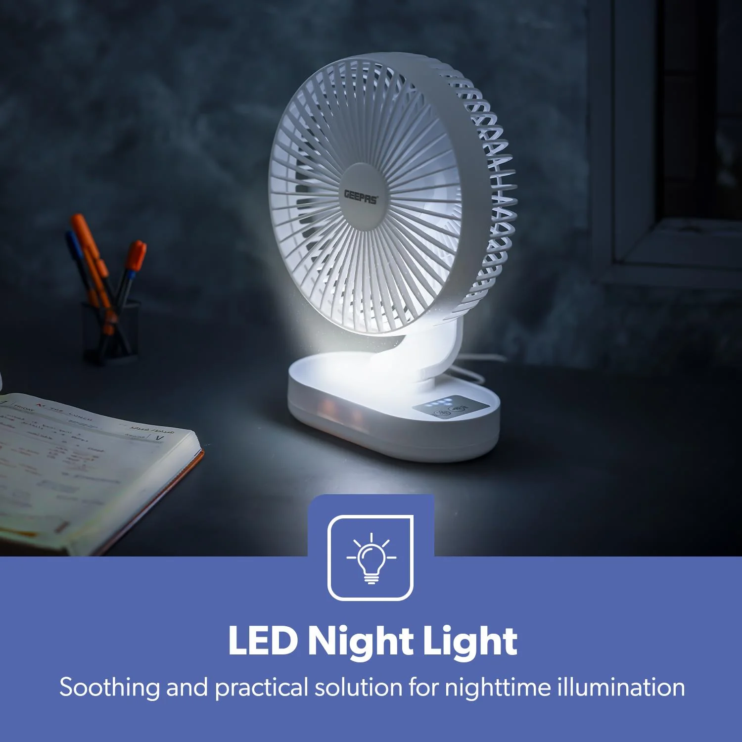 8-Inch Rechargeable AC/DC Portable Desk Fan With Night Light - Image 4