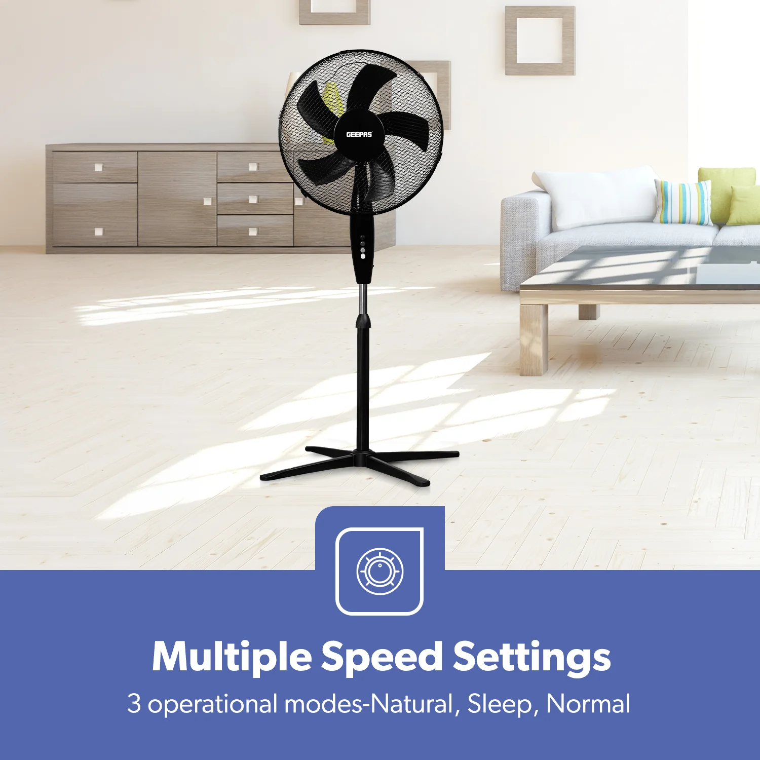 16-Inch 5-Blade Pedestal Fan - Adjustable Height, Oscillating, Black - Image 3