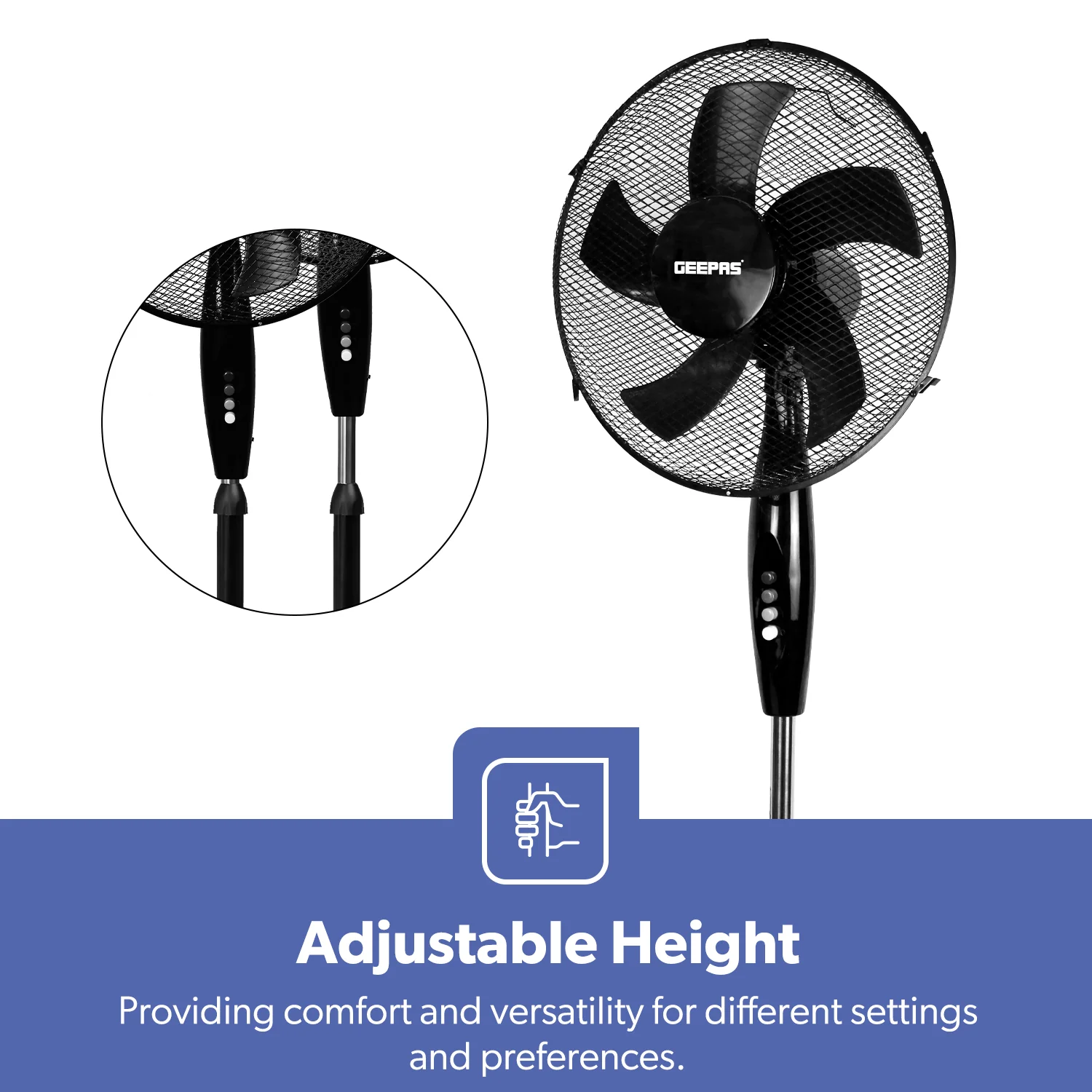 16-Inch 5-Blade Pedestal Fan - Adjustable Height, Oscillating, Black - Image 5