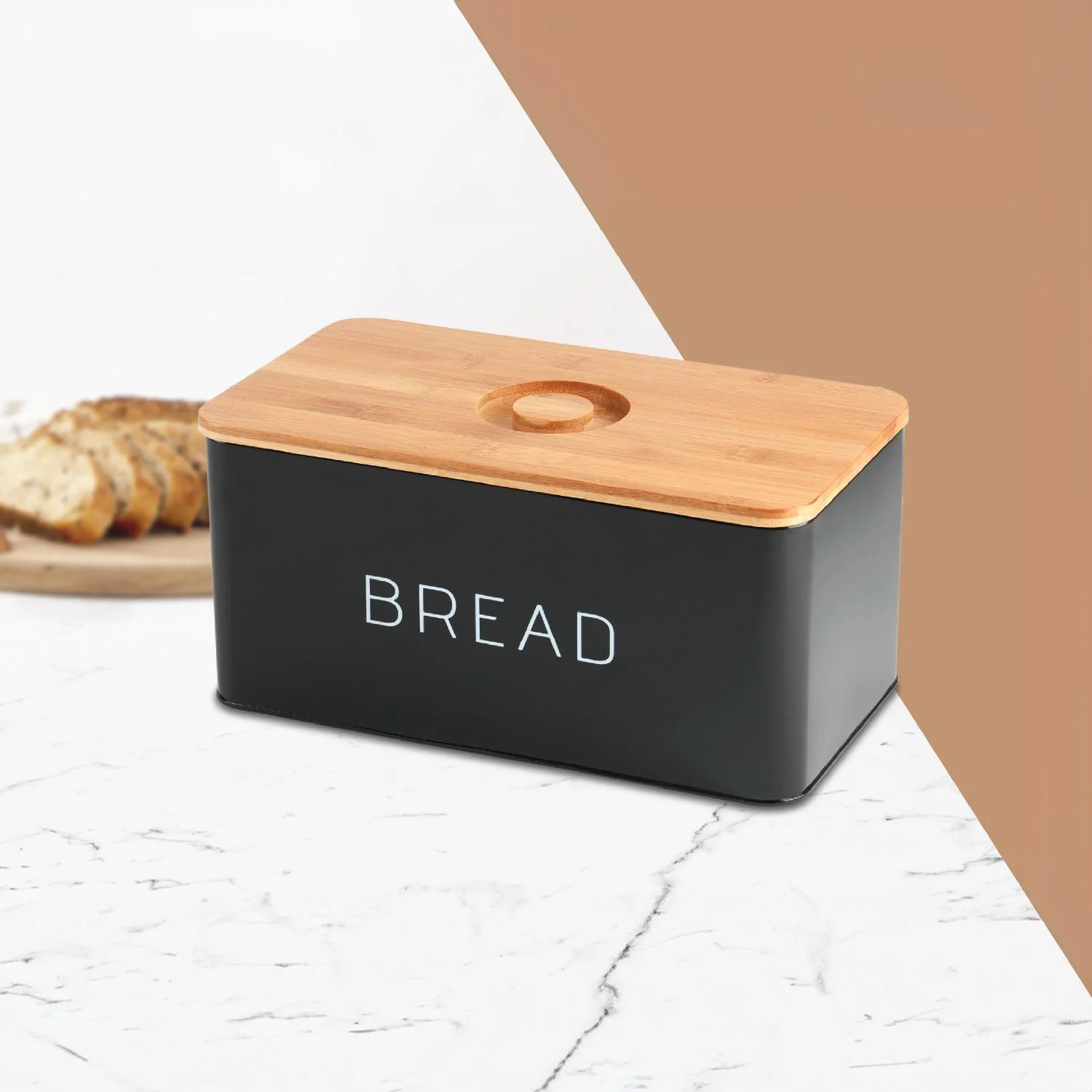 Black Metal Bread Bin With Wooden Chopping Board - Image 2