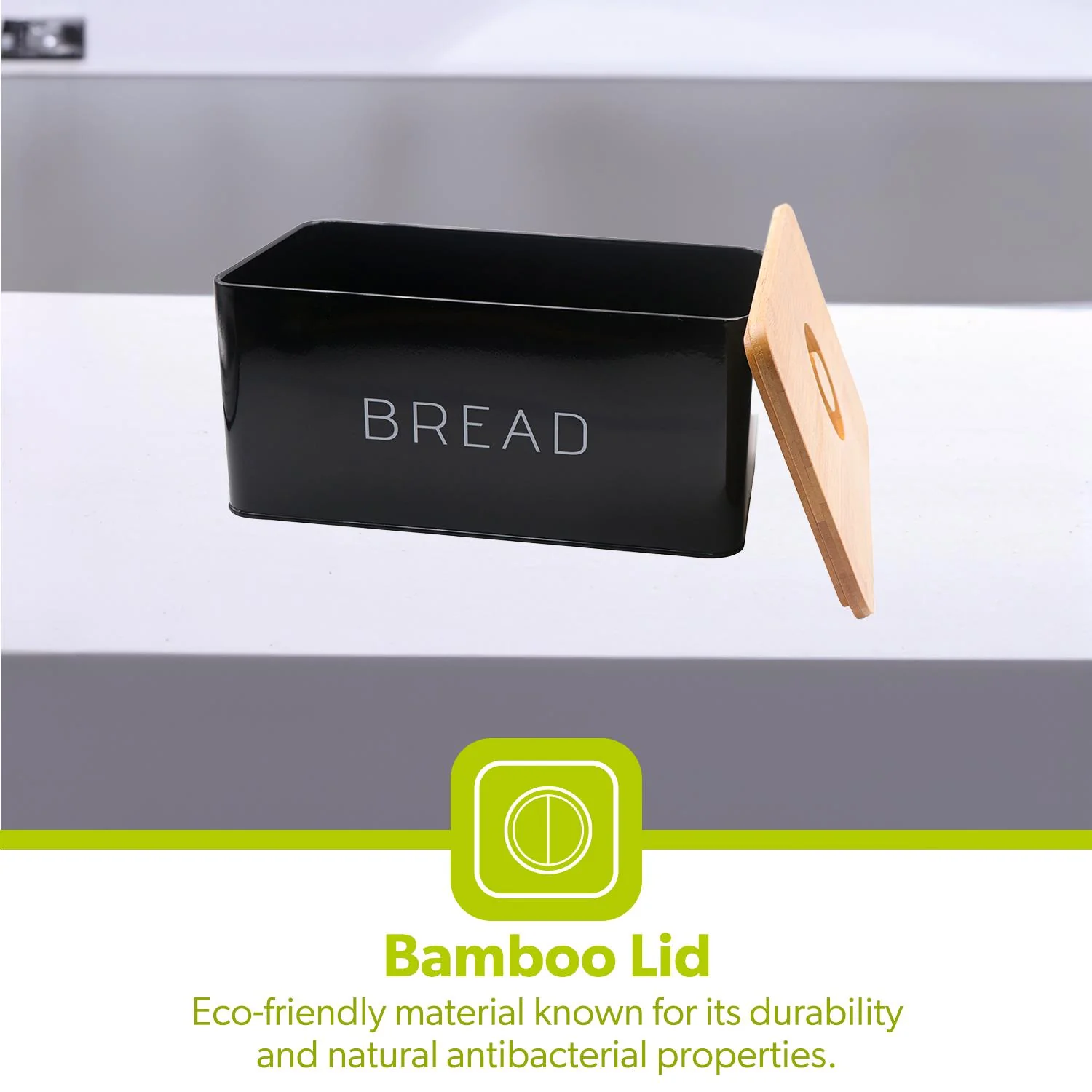 Black Metal Bread Bin With Wooden Chopping Board - Image 3