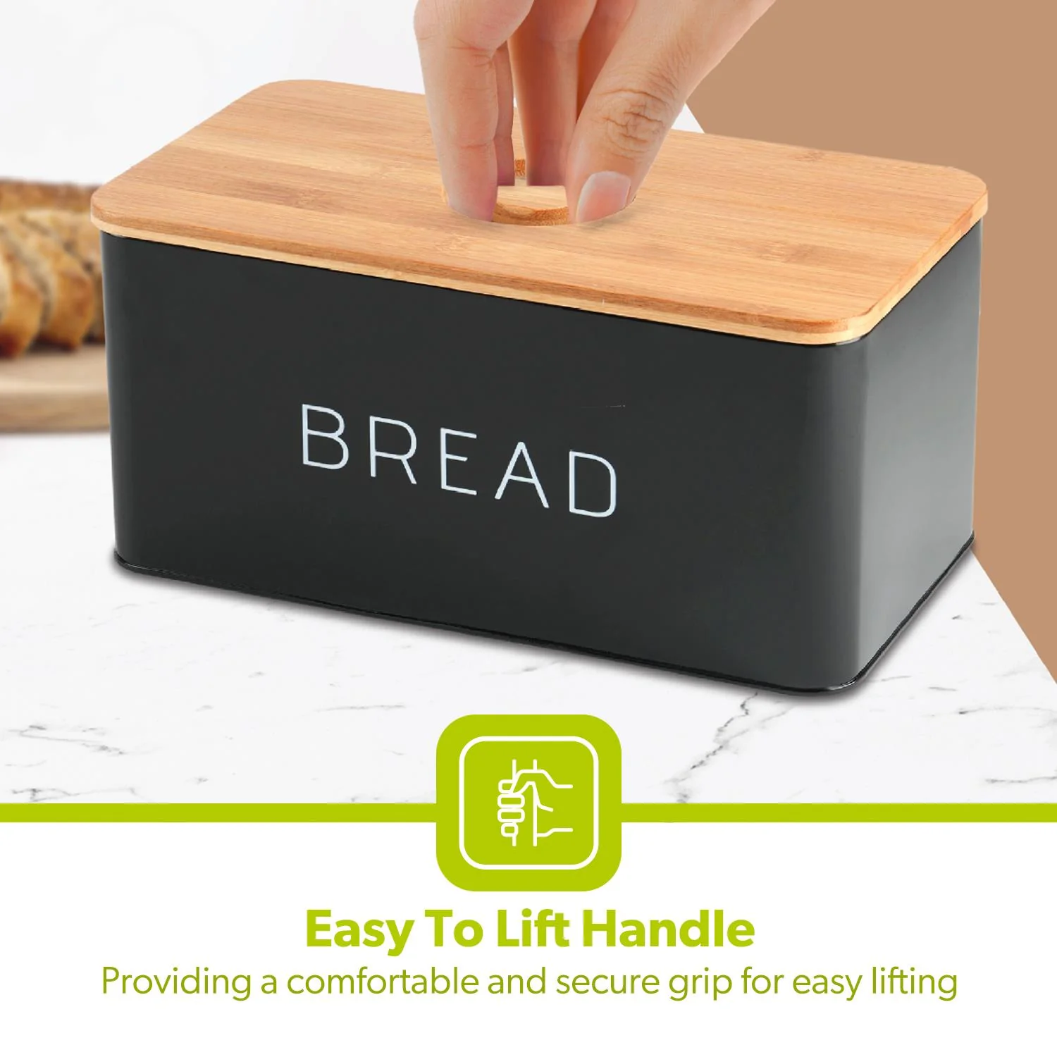Black Metal Bread Bin With Wooden Chopping Board - Image 5