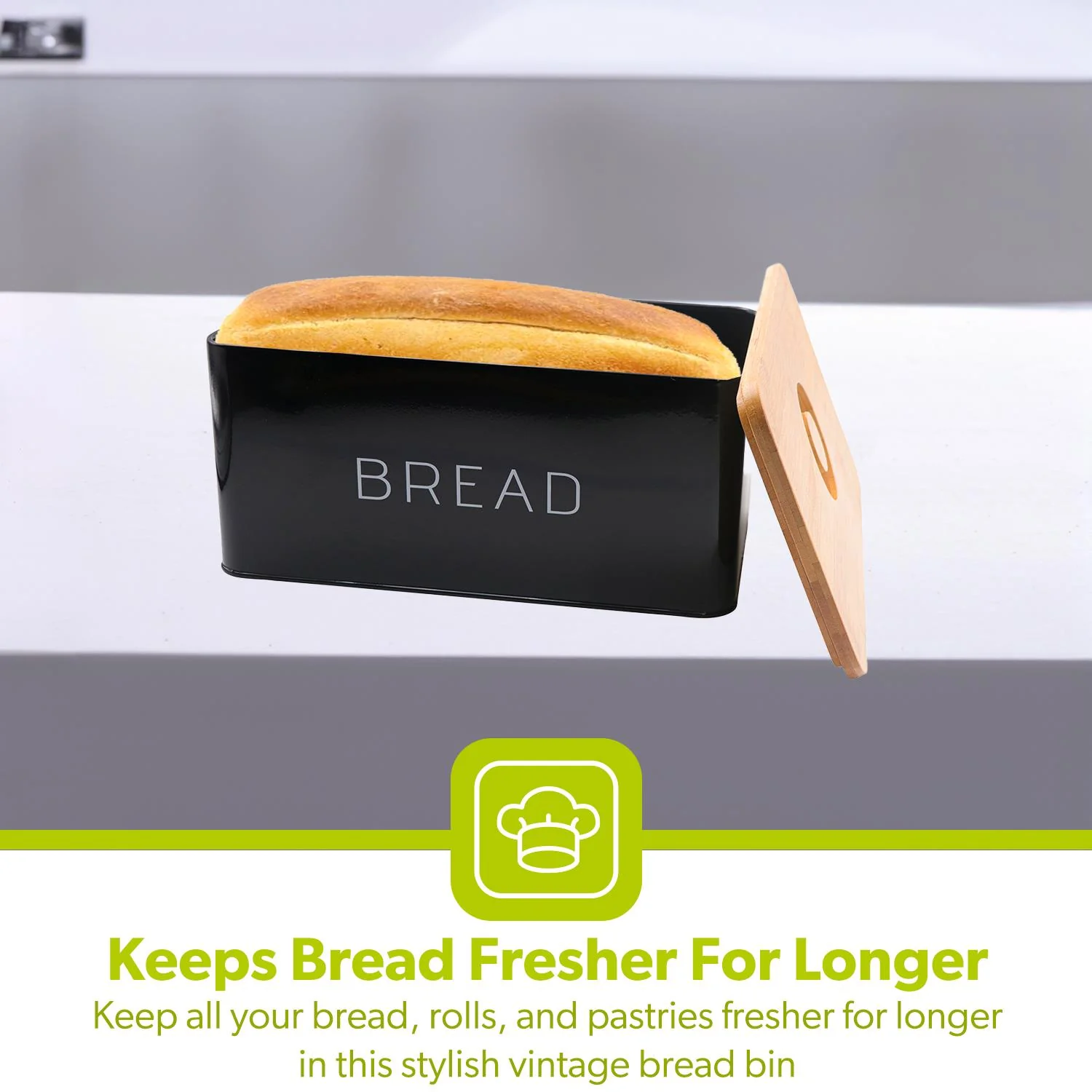Black Metal Bread Bin With Wooden Chopping Board - Image 6