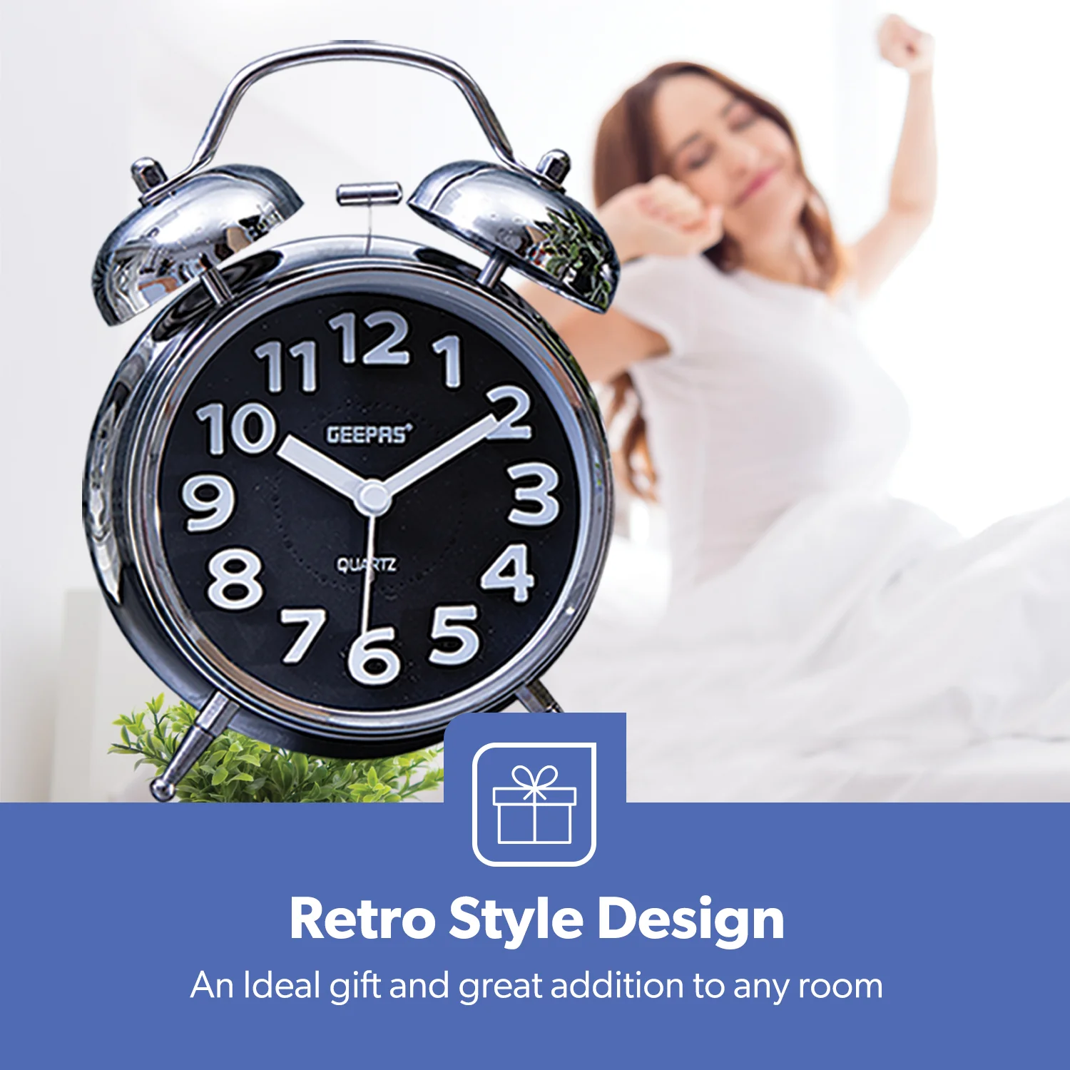Black Retro Twin Bell Analog Alarm Clock, Classic Design With Night Light - Image 5