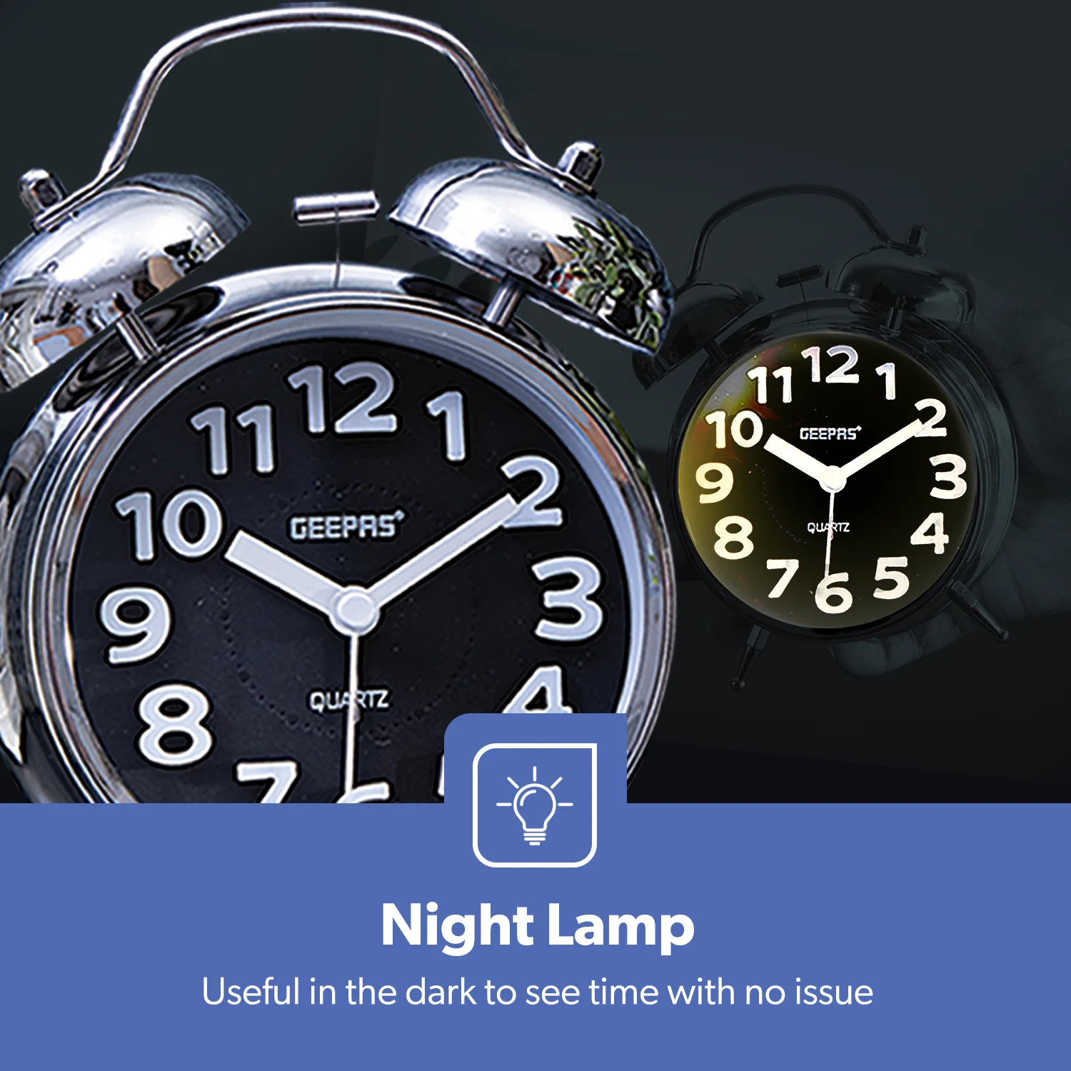 Black Retro Twin Bell Analog Alarm Clock, Classic Design With Night Light - Image 6