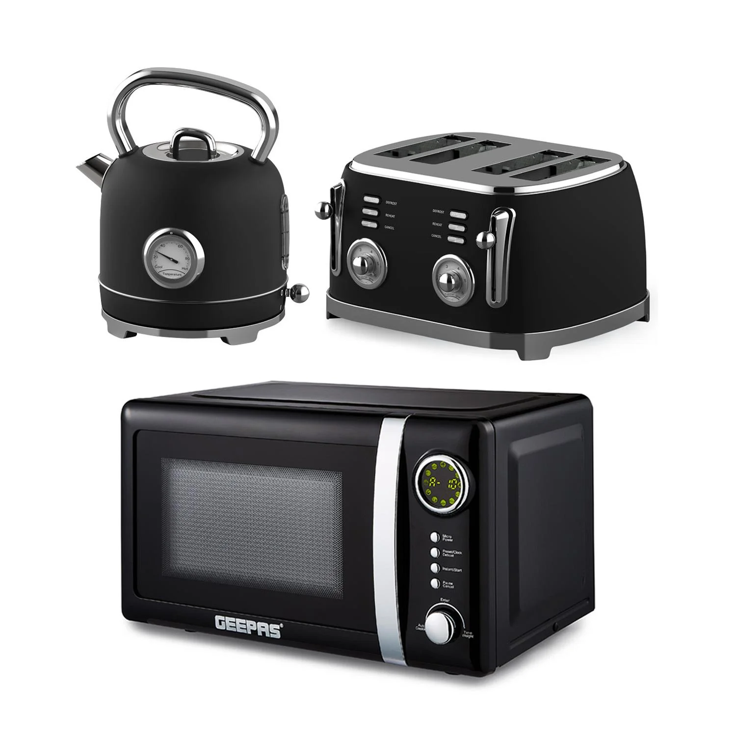 Black Retrovive 1.8L Kettle, 4-Slice Bread Toaster & 20L Digital Microwave