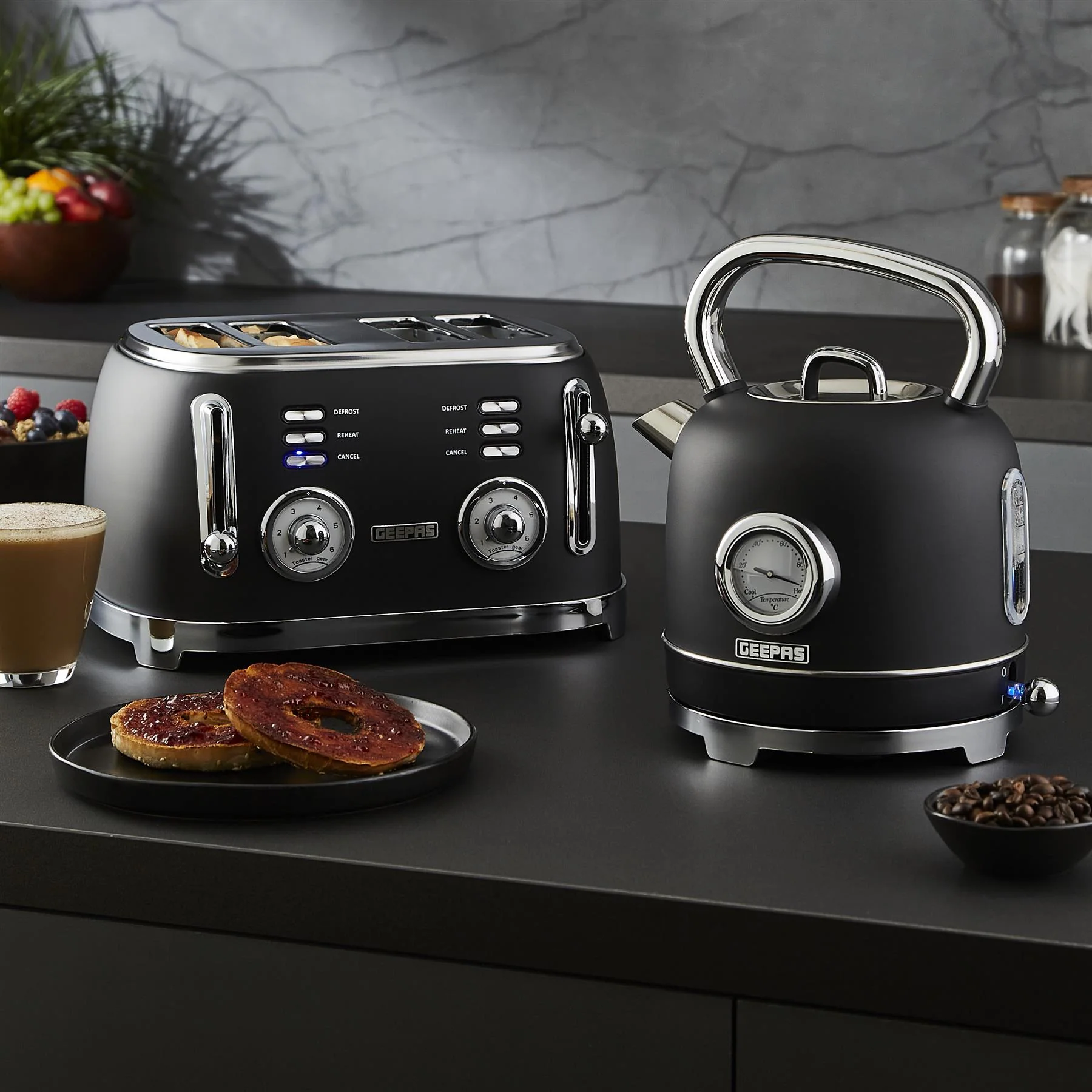 Black Retrovive 1.8L Kettle, 4-Slice Bread Toaster & 20L Digital Microwave - Image 2