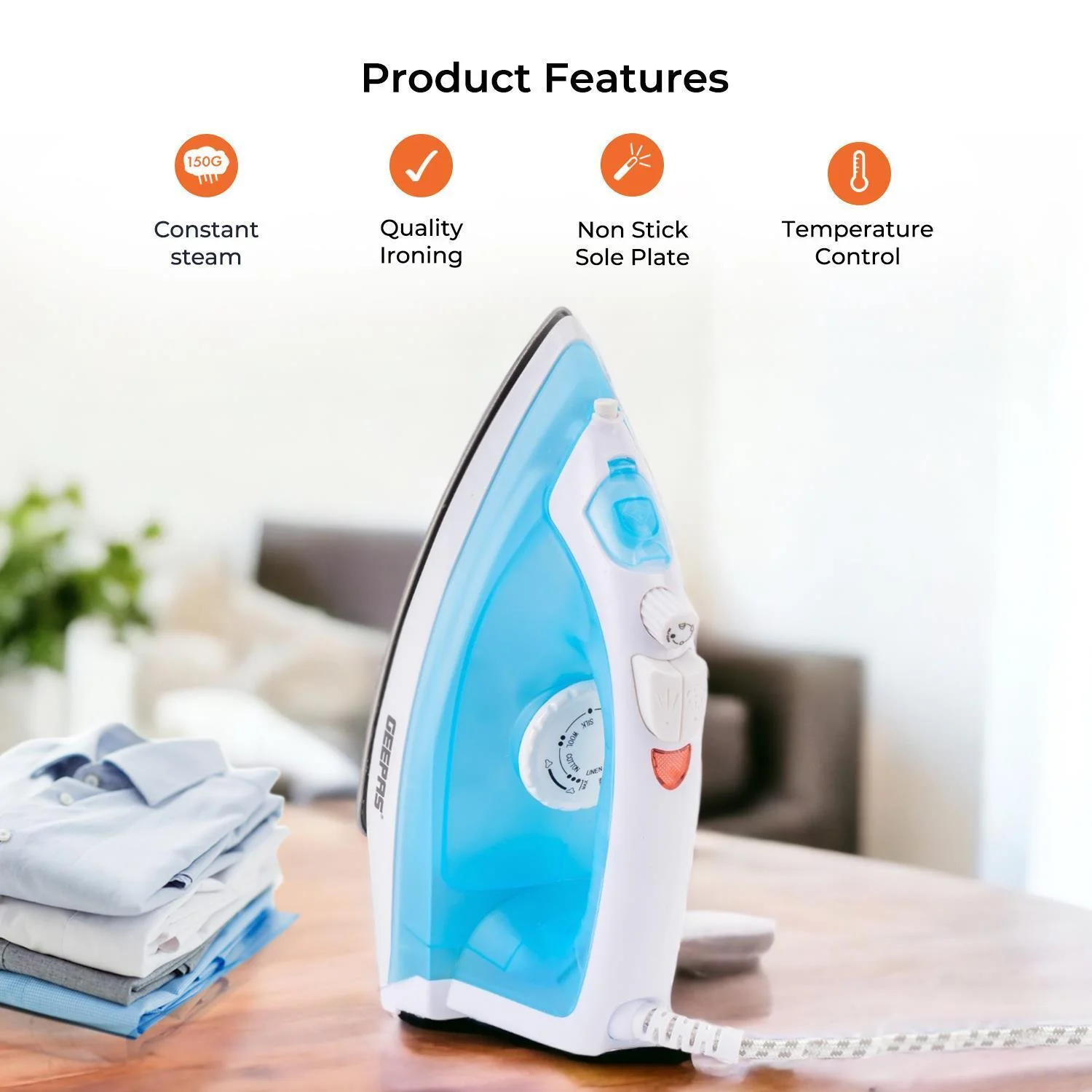 Blue 1600W Steam Iron with Non-Stick Soleplate and Adjustable Temperature - Image 2
