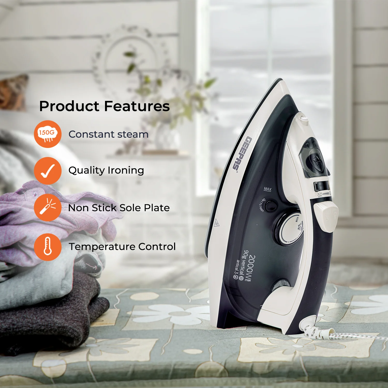Ceramic Steam Iron 2000W, Temperature Control for Wet/Dry Ironing - Image 3