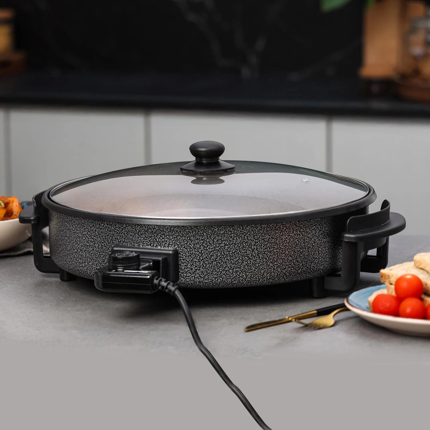Electric Multi-Cooker Frying Pan Electric Wok With Glass Lid 40cm - Image 2