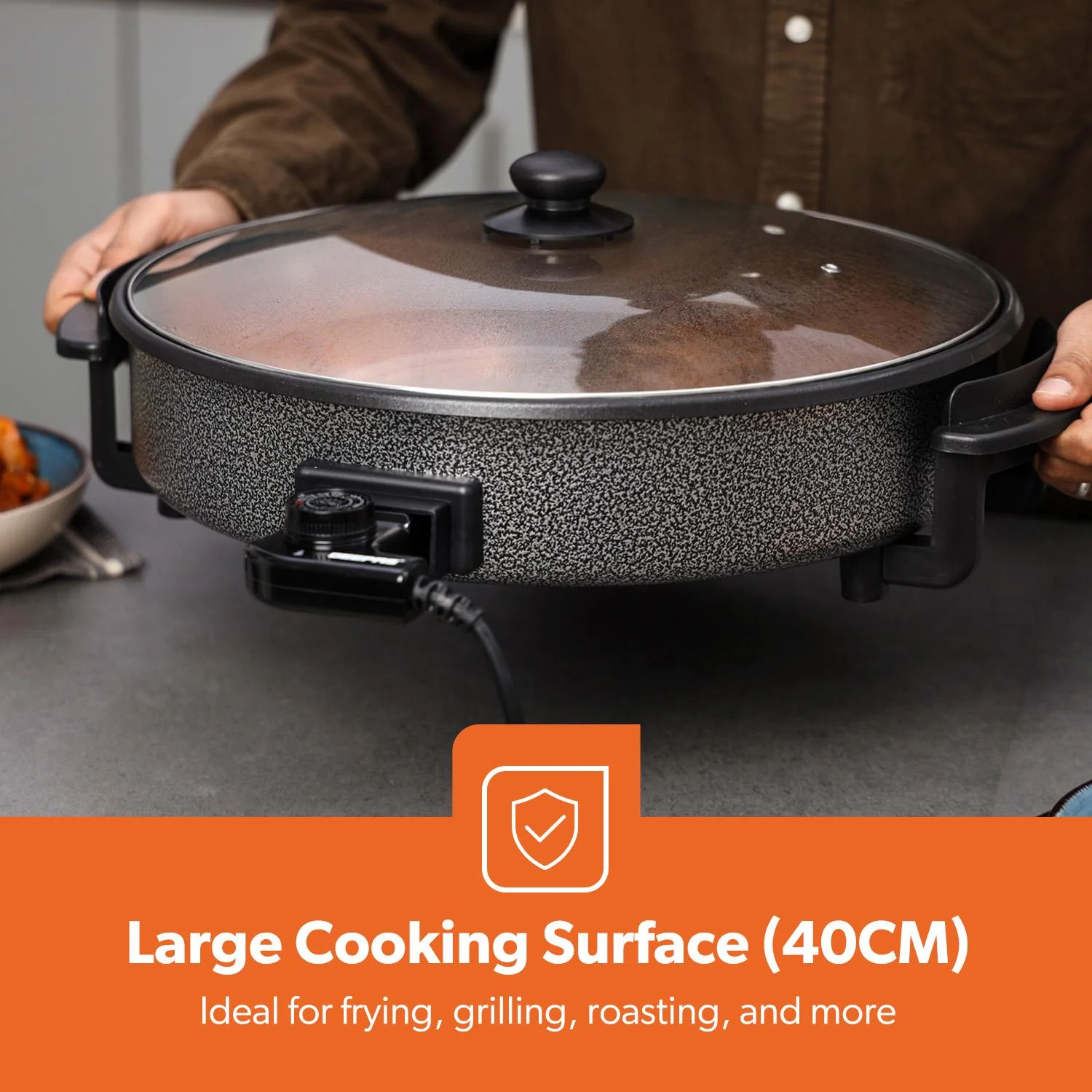 Electric Multi-Cooker Frying Pan Electric Wok With Glass Lid 40cm - Image 4