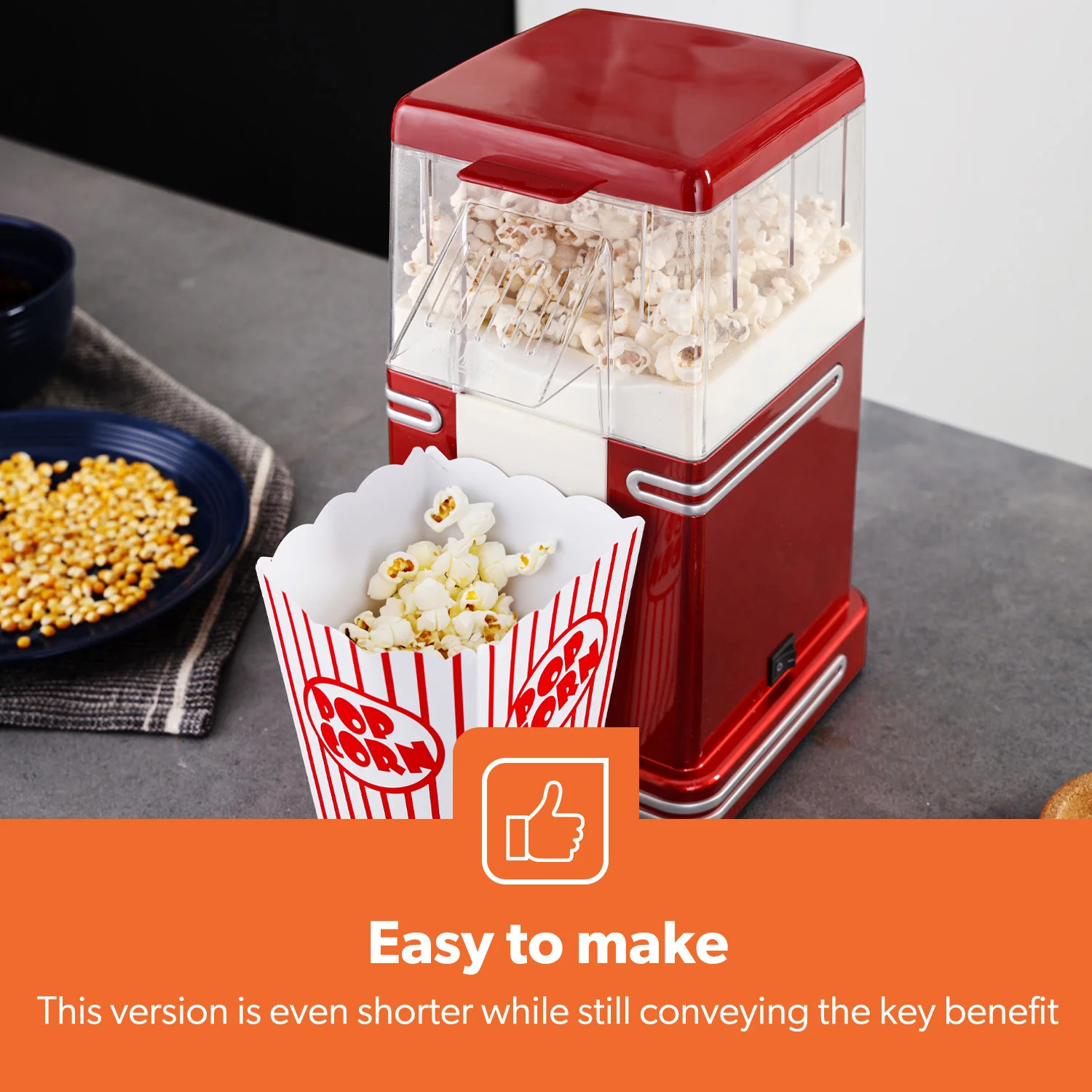 1200W Red/White Cinema Retro-Style Air Popcorn Maker - Image 3