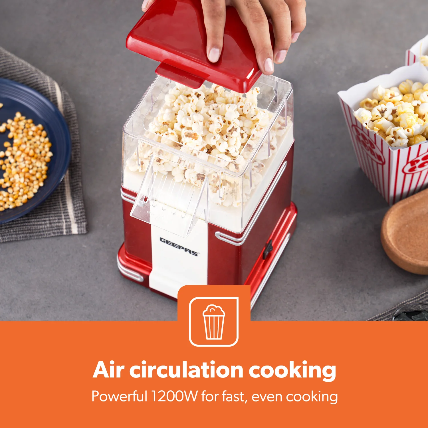 1200W Red/White Cinema Retro-Style Air Popcorn Maker - Image 4