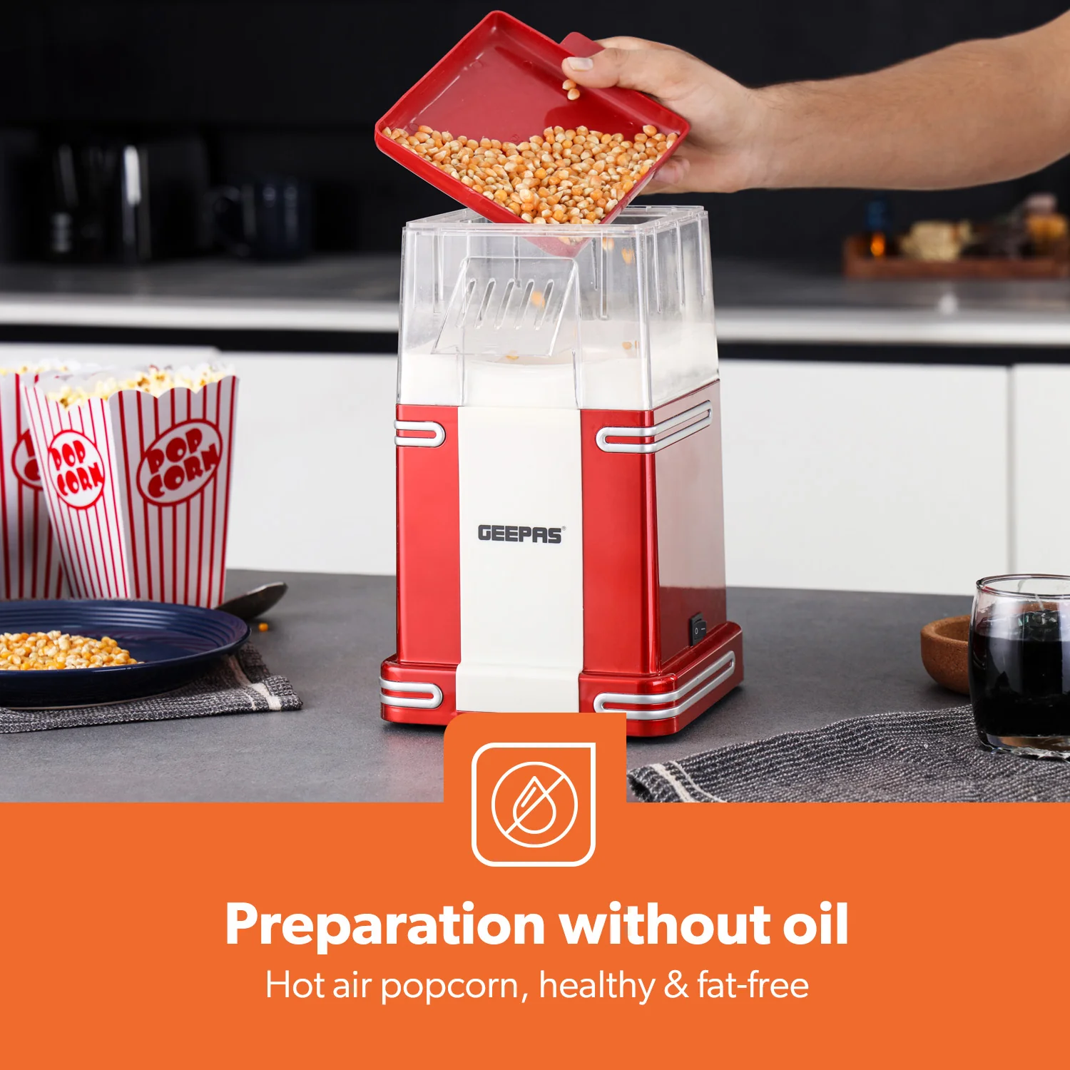 1200W Red/White Cinema Retro-Style Air Popcorn Maker - Image 5