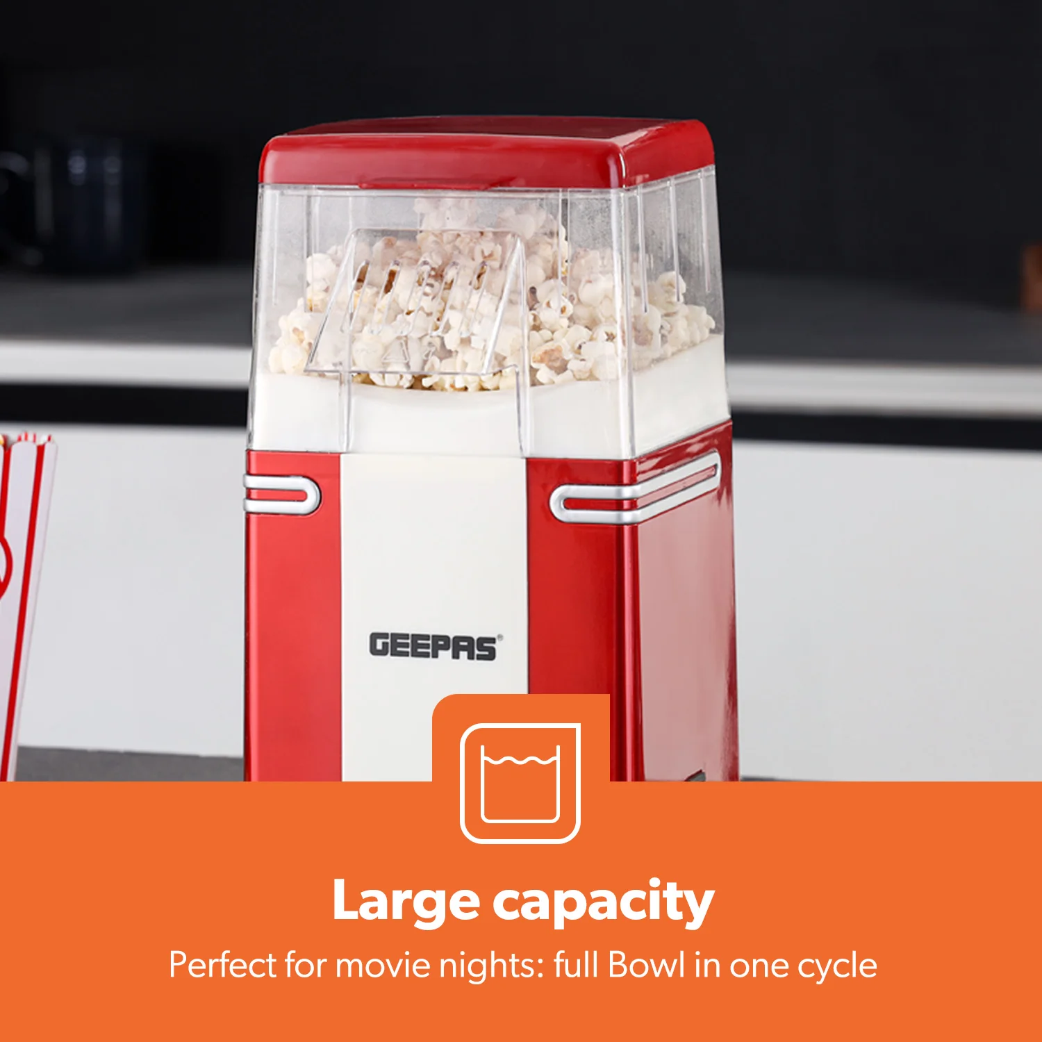 1200W Red/White Cinema Retro-Style Air Popcorn Maker - Image 6