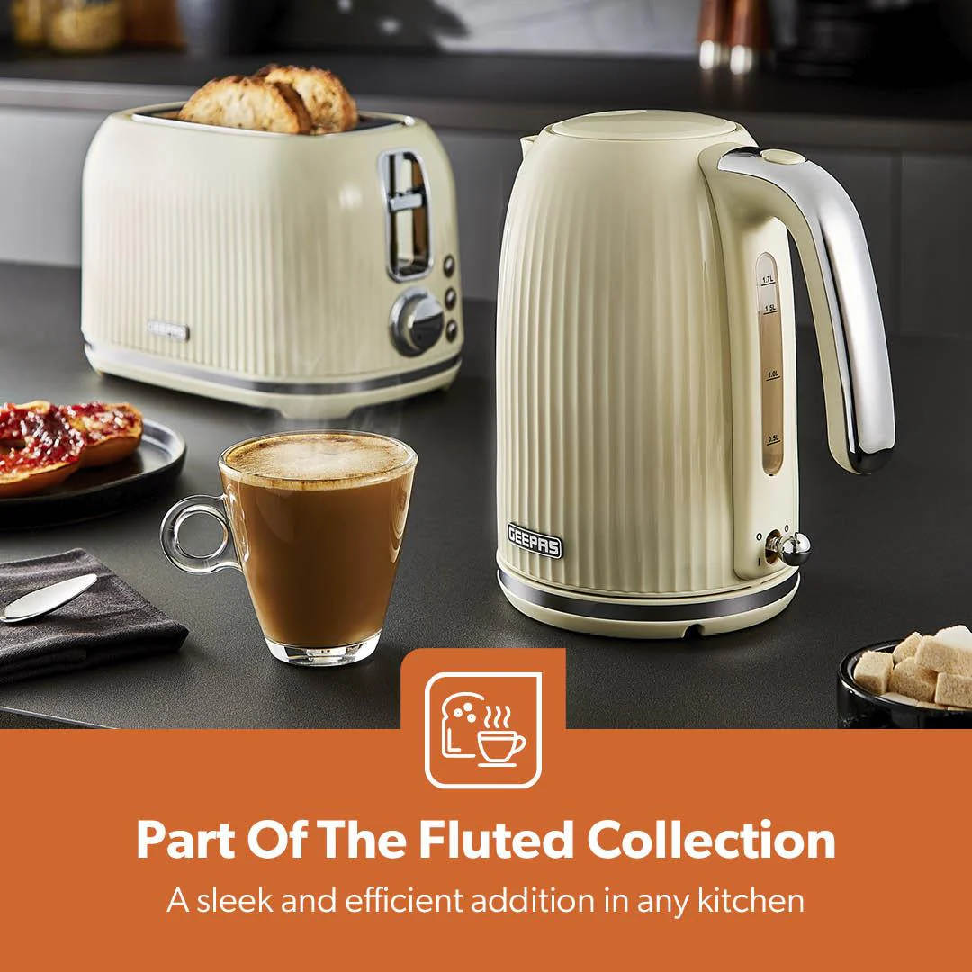 Fluted 1.7L Electric Kettle, 2-Slice Toaster & Microwave Set In Cream - Image 6