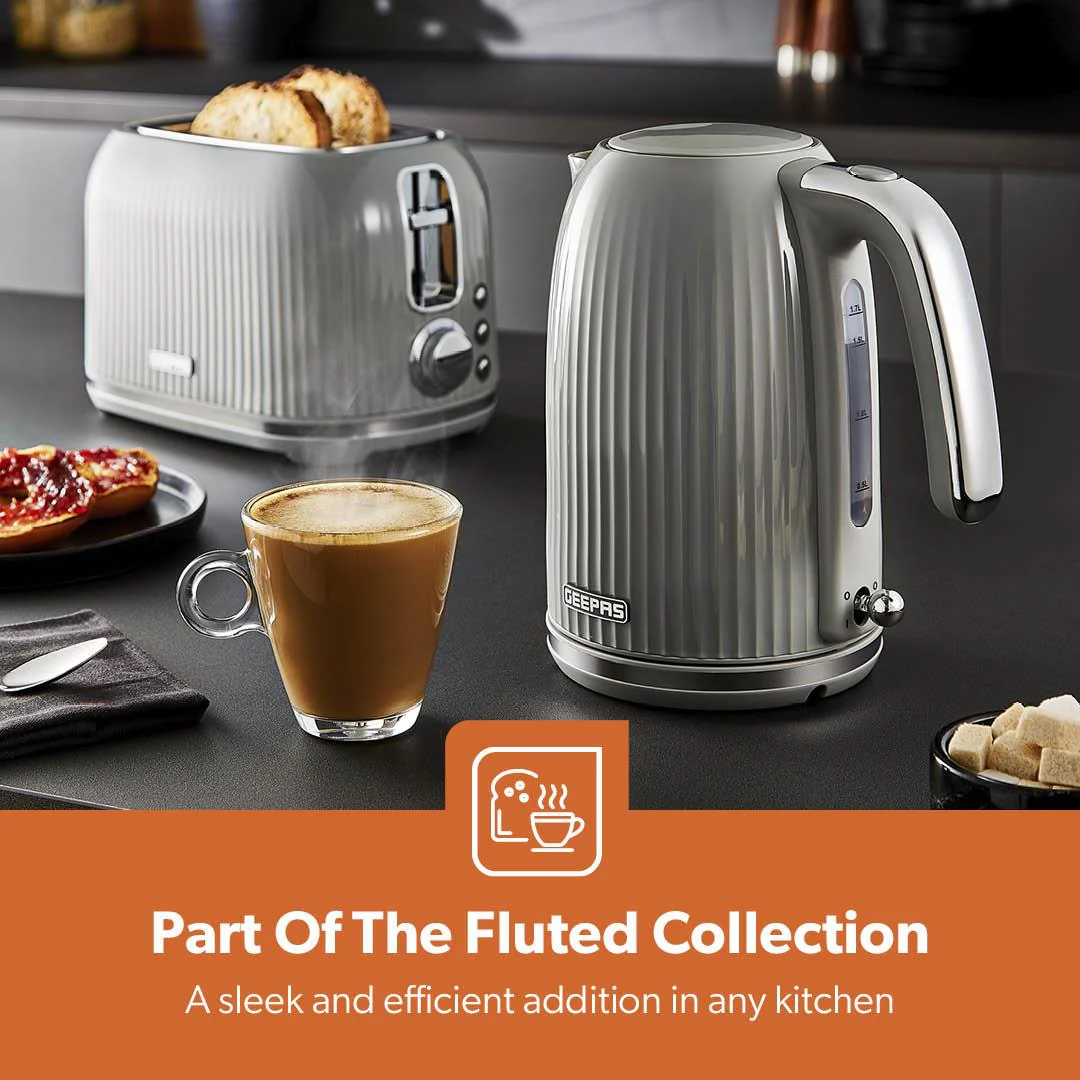 Fluted 1.7L Electric Kettle, 2-Slice Toaster & Microwave Set In Grey - Image 5