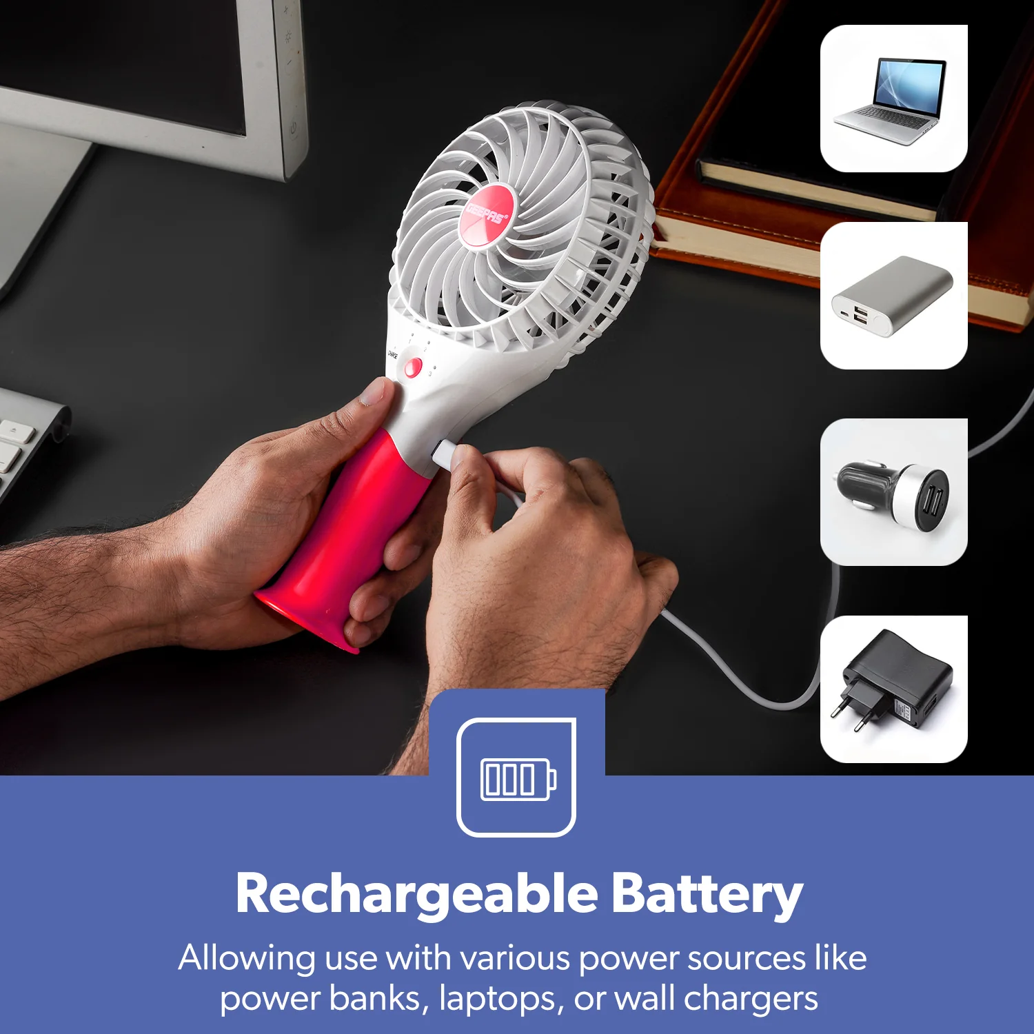 Pink Three-Speed Rechargeable Handheld Fan - Image 3
