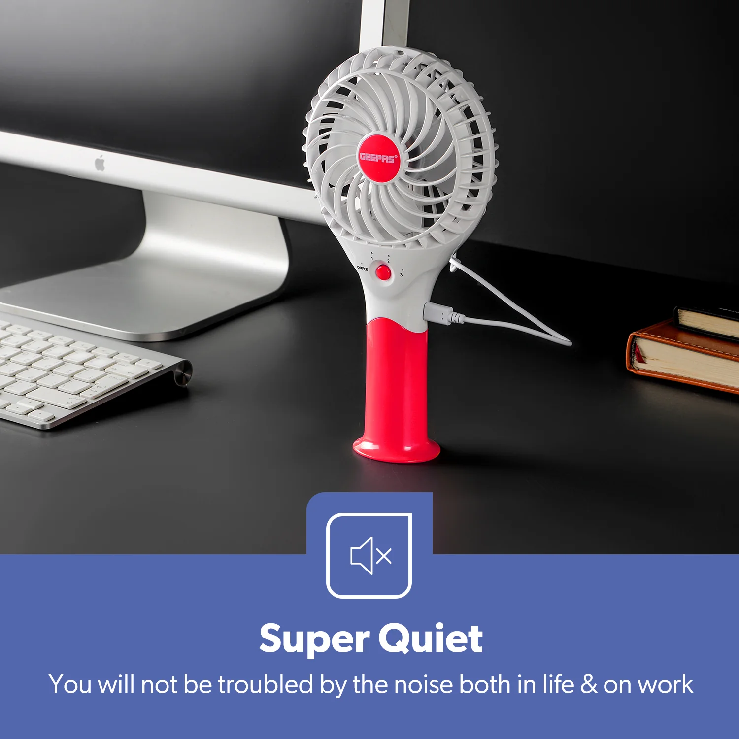 Pink Three-Speed Rechargeable Handheld Fan - Image 4