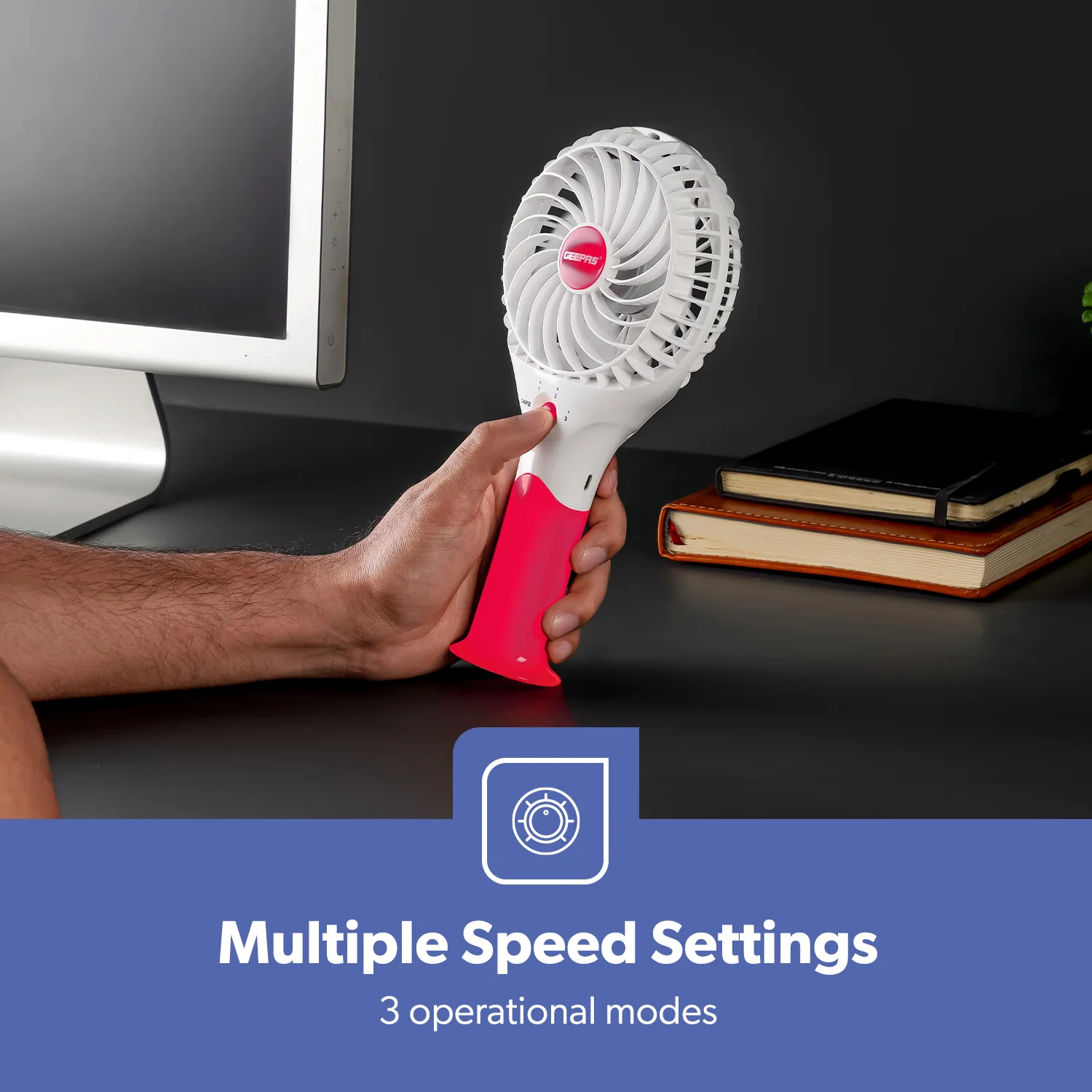 Pink Three-Speed Rechargeable Handheld Fan - Image 5