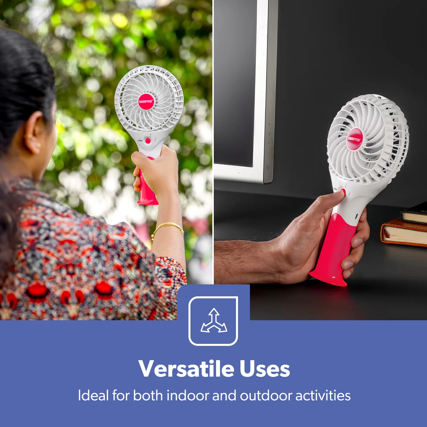 Pink Three-Speed Rechargeable Handheld Fan - Image 7
