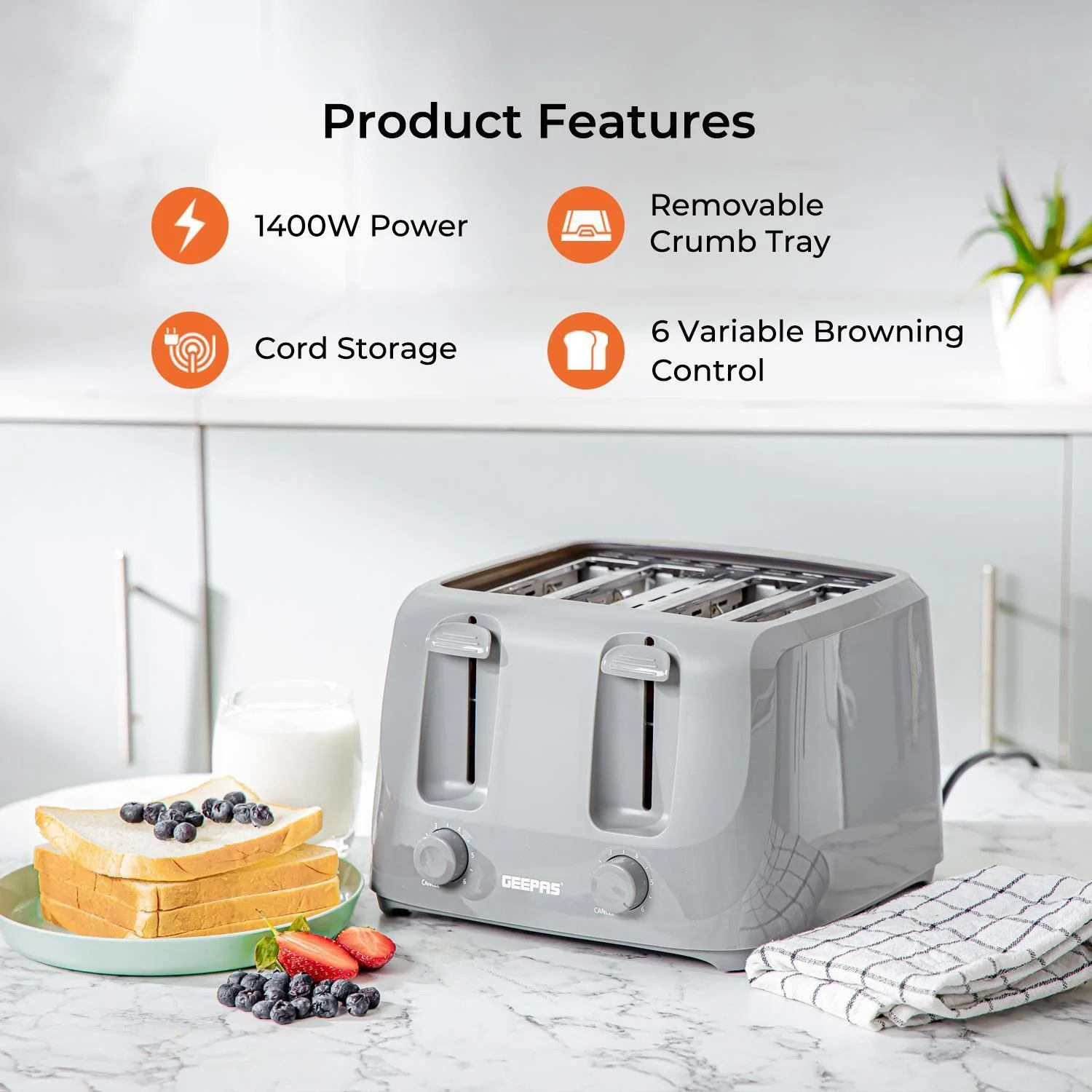 Grey 1.7L Electric Kettle and Four-Slice Toaster Set - Image 3