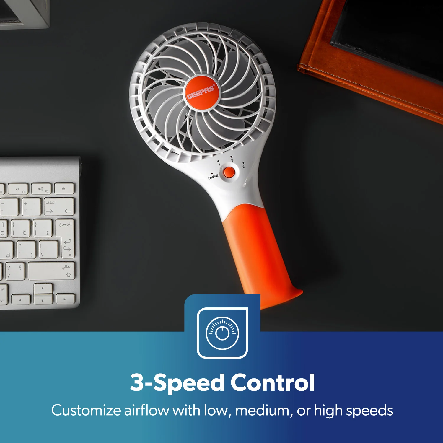 4800mAh Orange Three-Speed Rechargeable Handheld Fan - Image 3