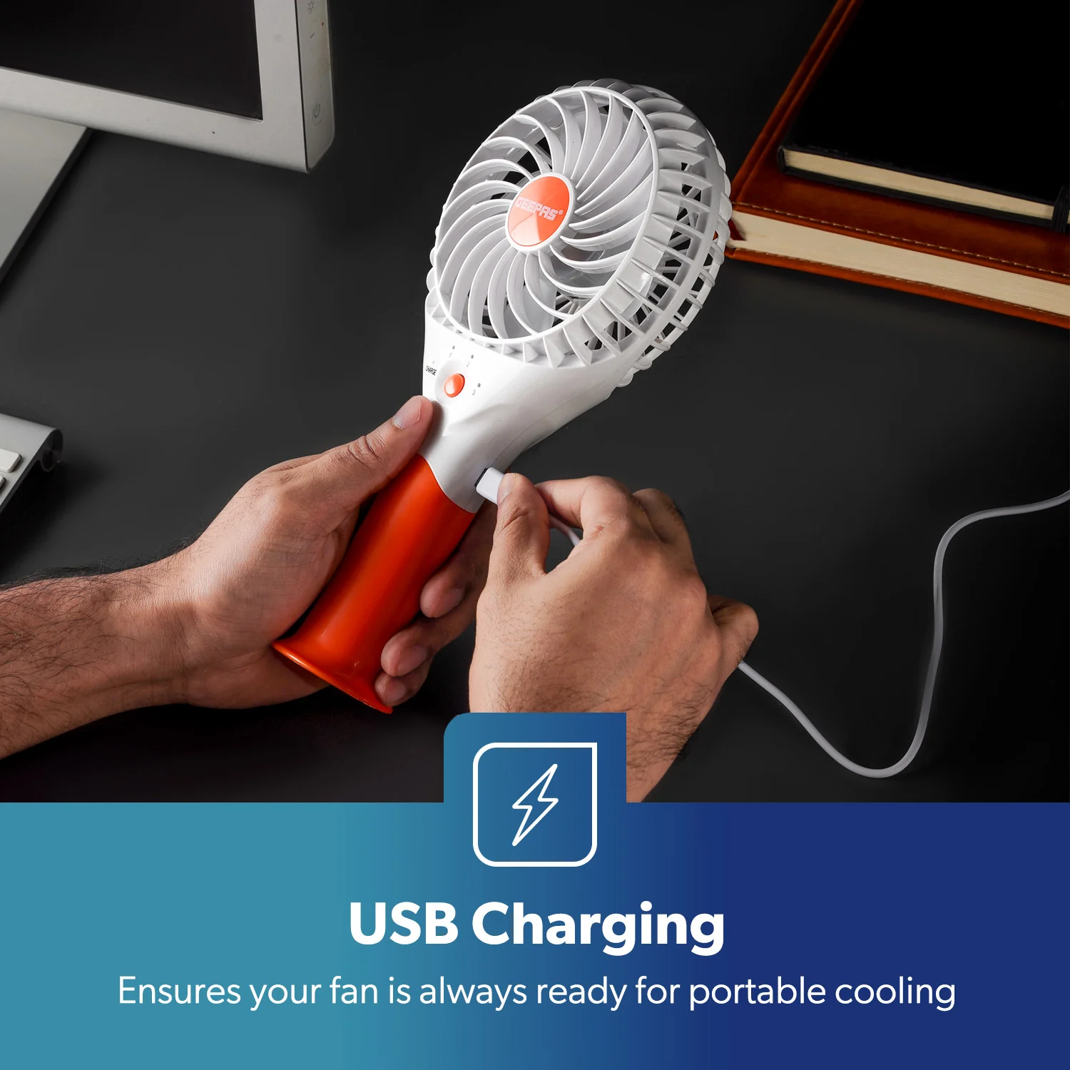 4800mAh Orange Three-Speed Rechargeable Handheld Fan - Image 4