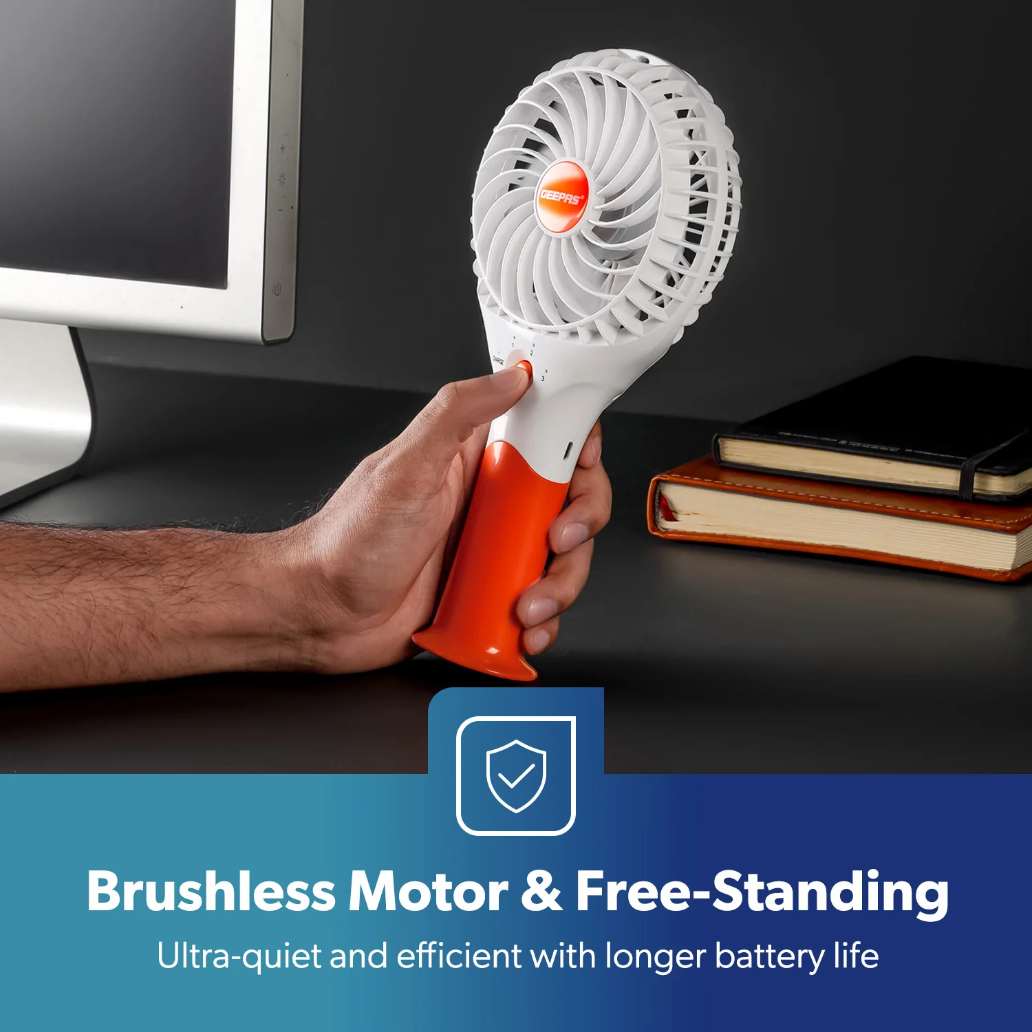 4800mAh Orange Three-Speed Rechargeable Handheld Fan - Image 5