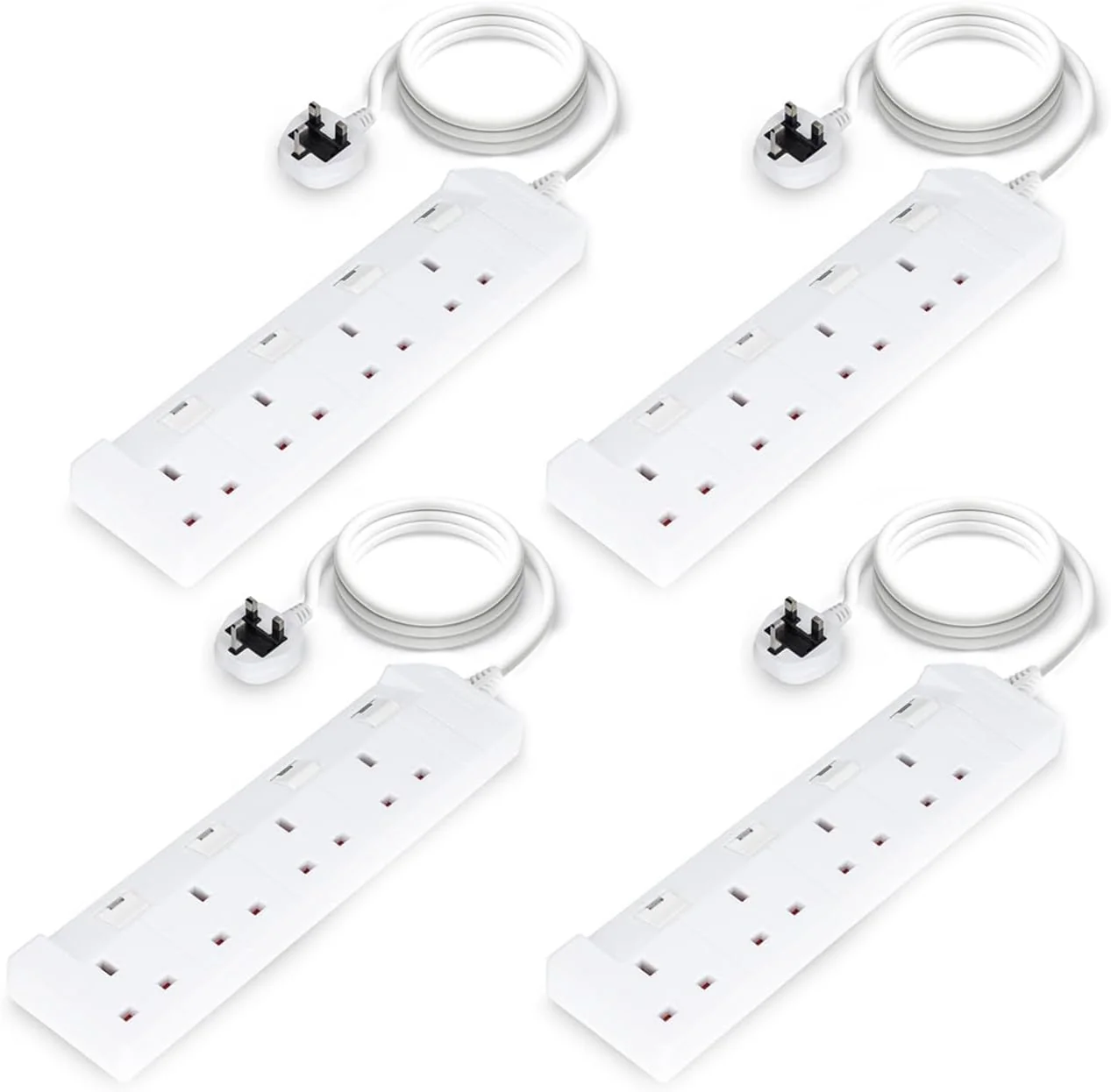 Pack Of 4 White 4 Gang Extension Leads With 2 Metre Cable