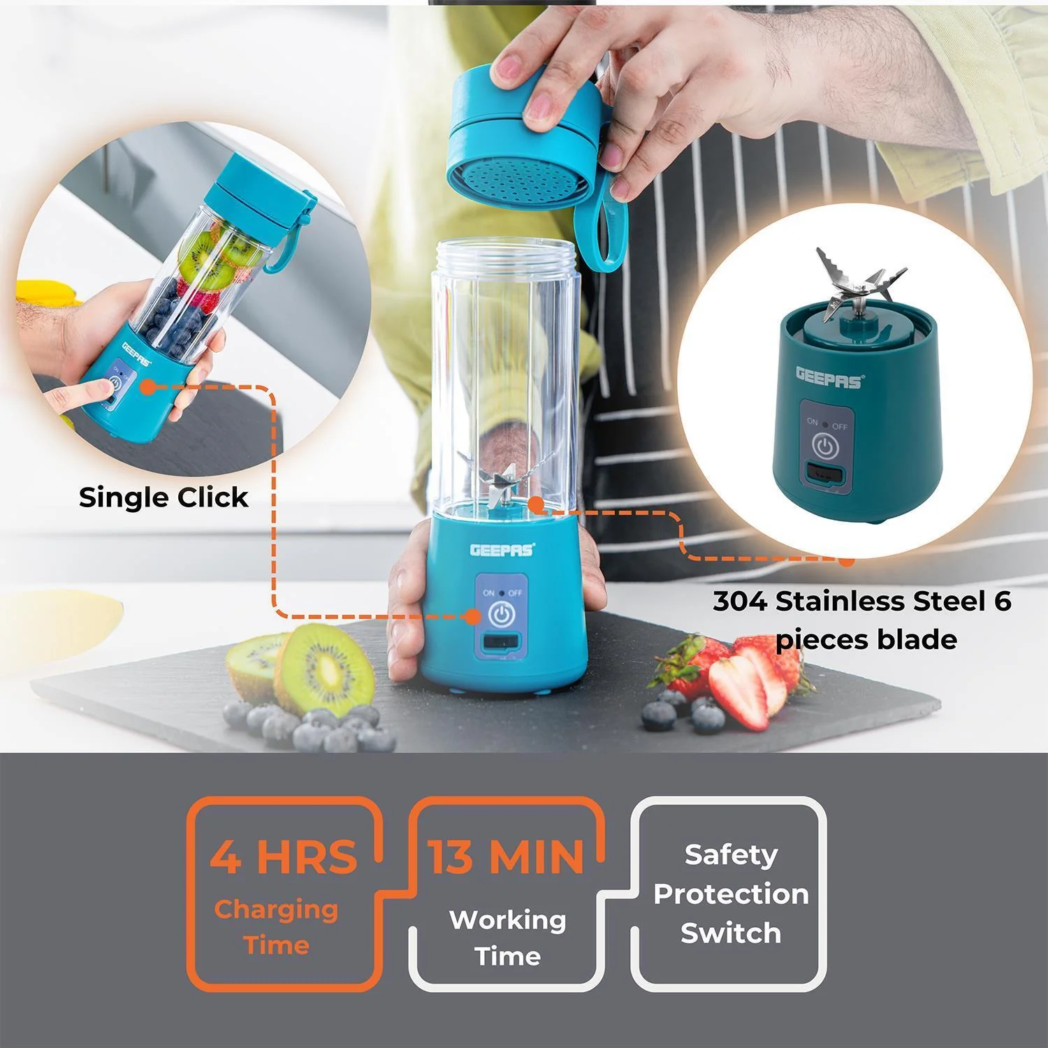 Blue Portable Blender 330ML Rechargeable Fruit Mixer - Image 8