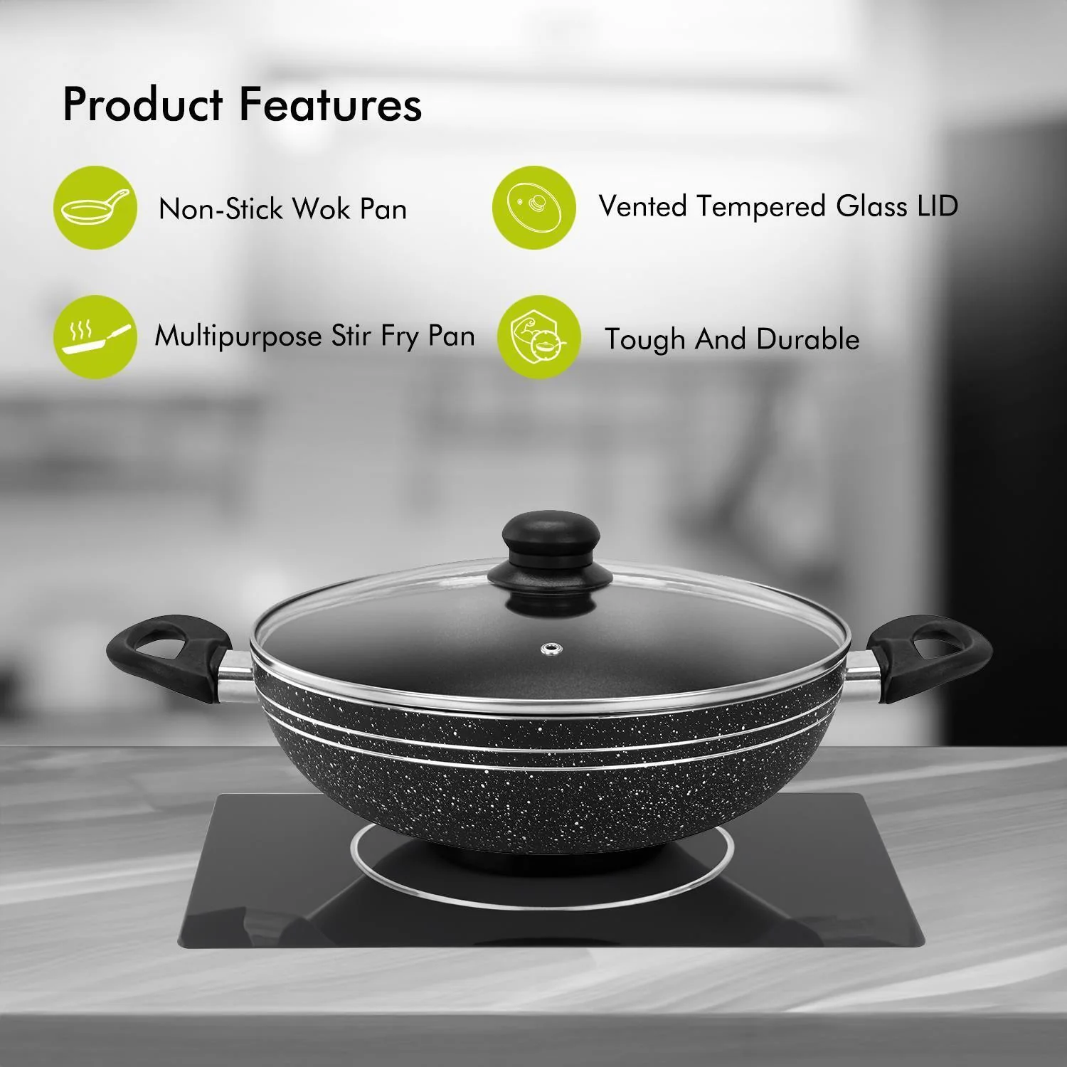 Premium 28cm Non-Stick Induction Wok Pan with Glass Lid - Image 2
