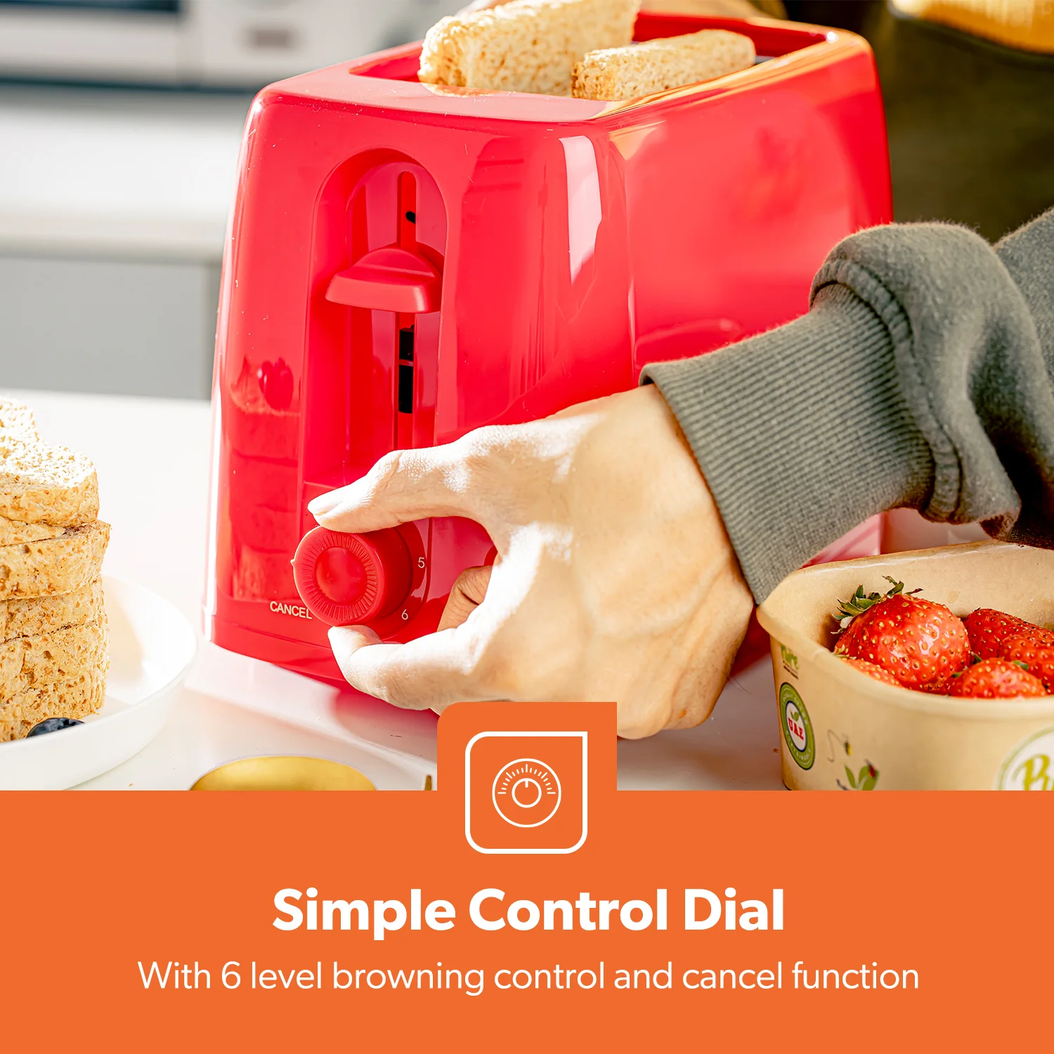 Red 2-Slice Bread Toaster With 6-Level Browning Control - Image 4