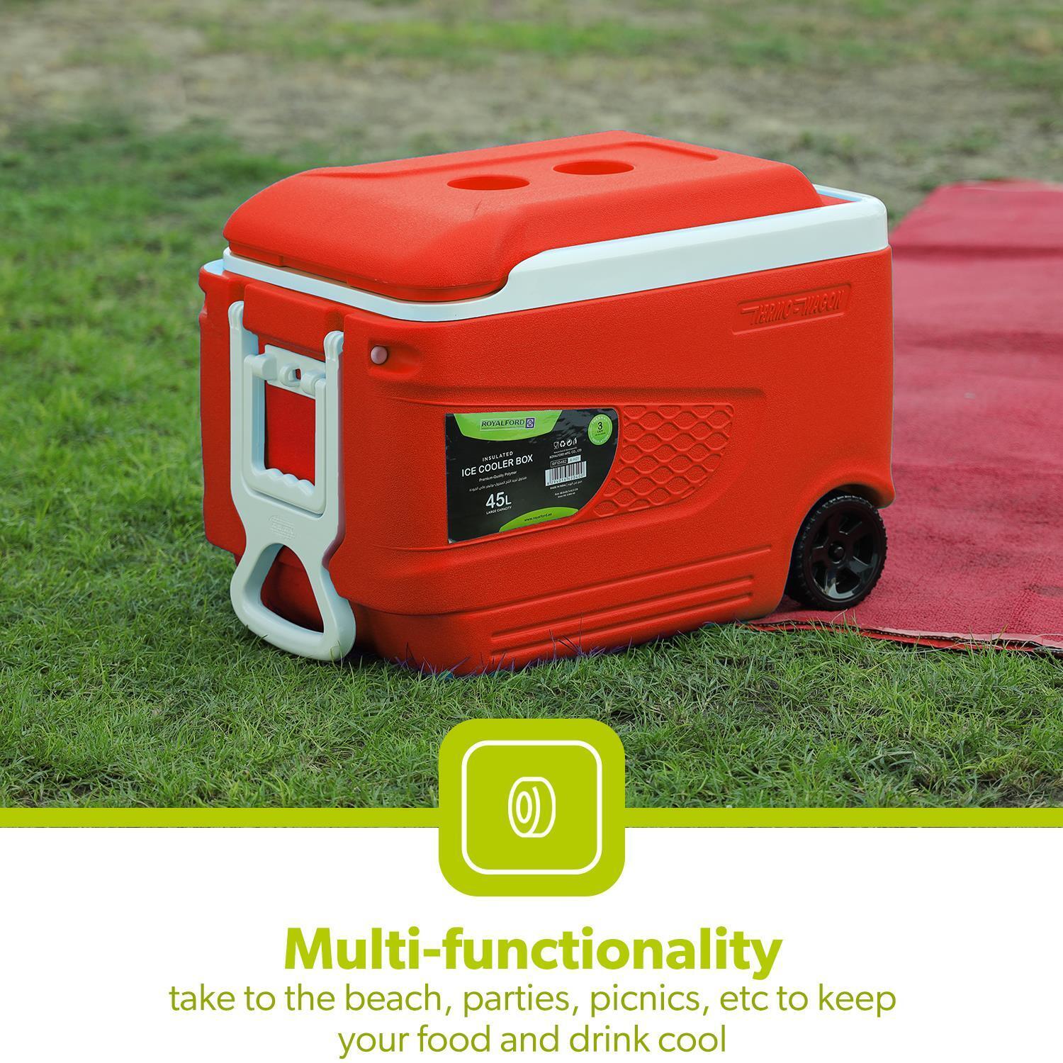 Red 45L Large Insulated Ice Cooler Box With Wheels - Image 3
