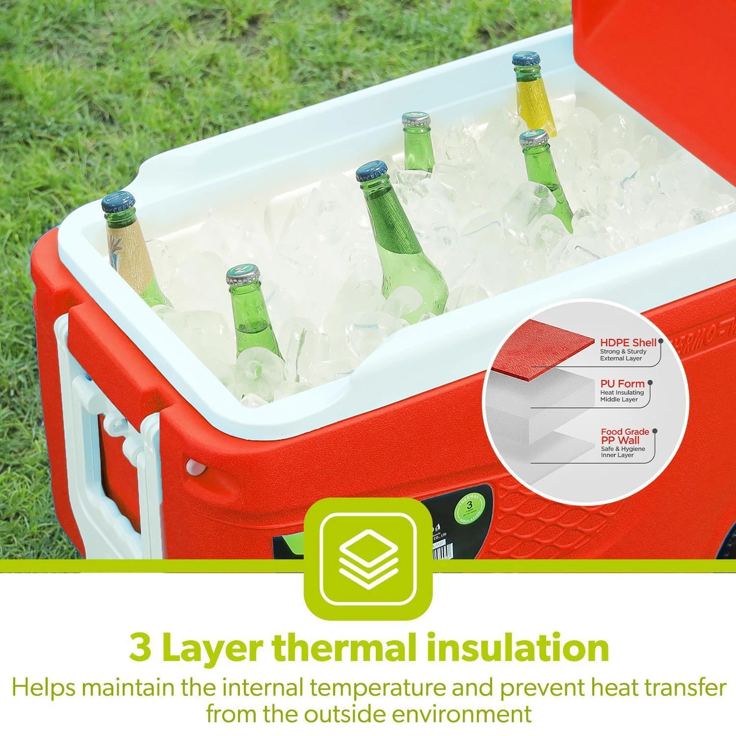 Red 45L Large Insulated Ice Cooler Box With Wheels - Image 4