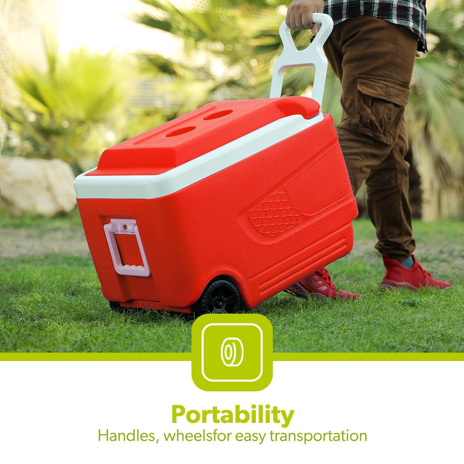 Red 45L Large Insulated Ice Cooler Box With Wheels - Image 6