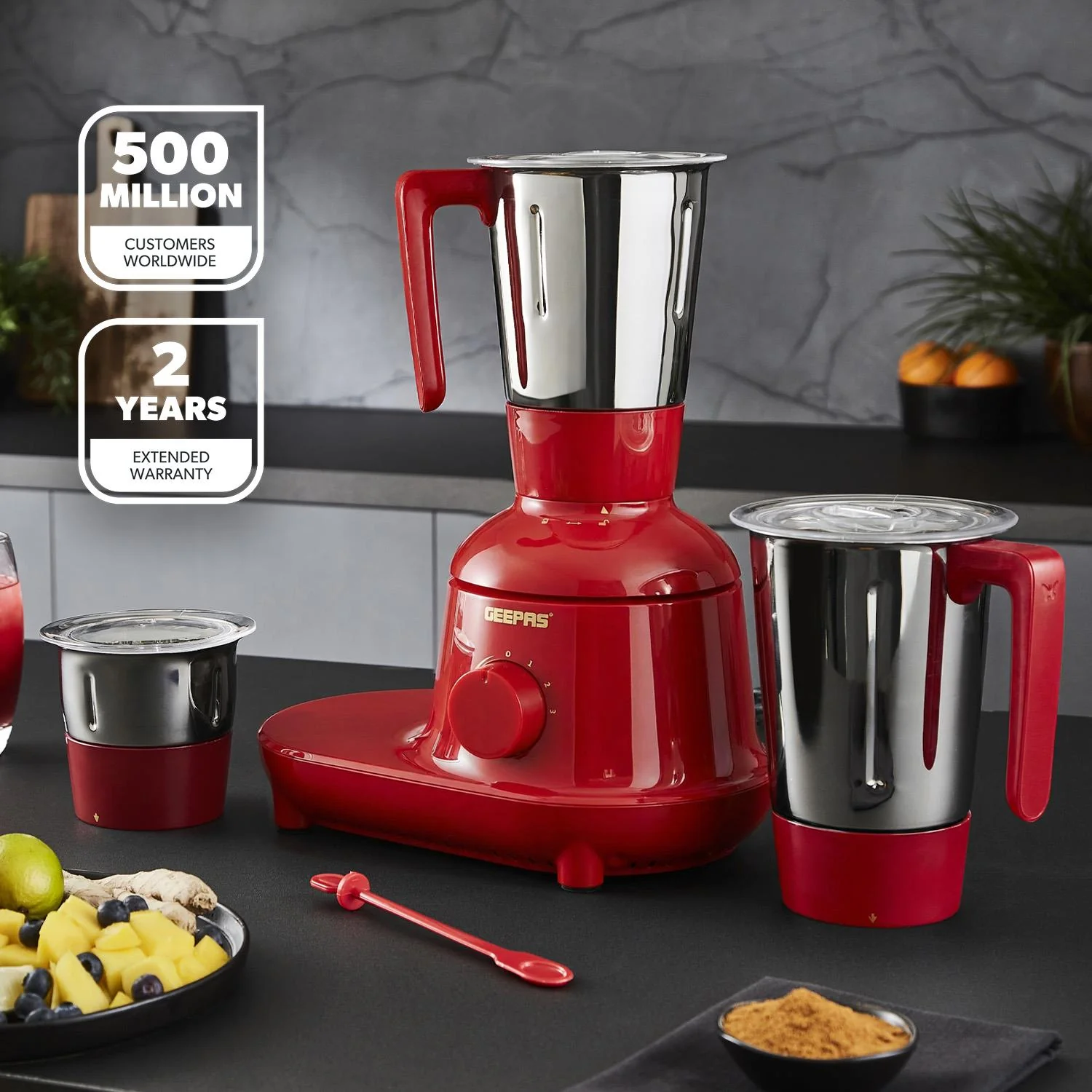 Red 750W Wet and Dry 3-In-1 Mixer Grinder With Stainless Steel Jars - Image 2