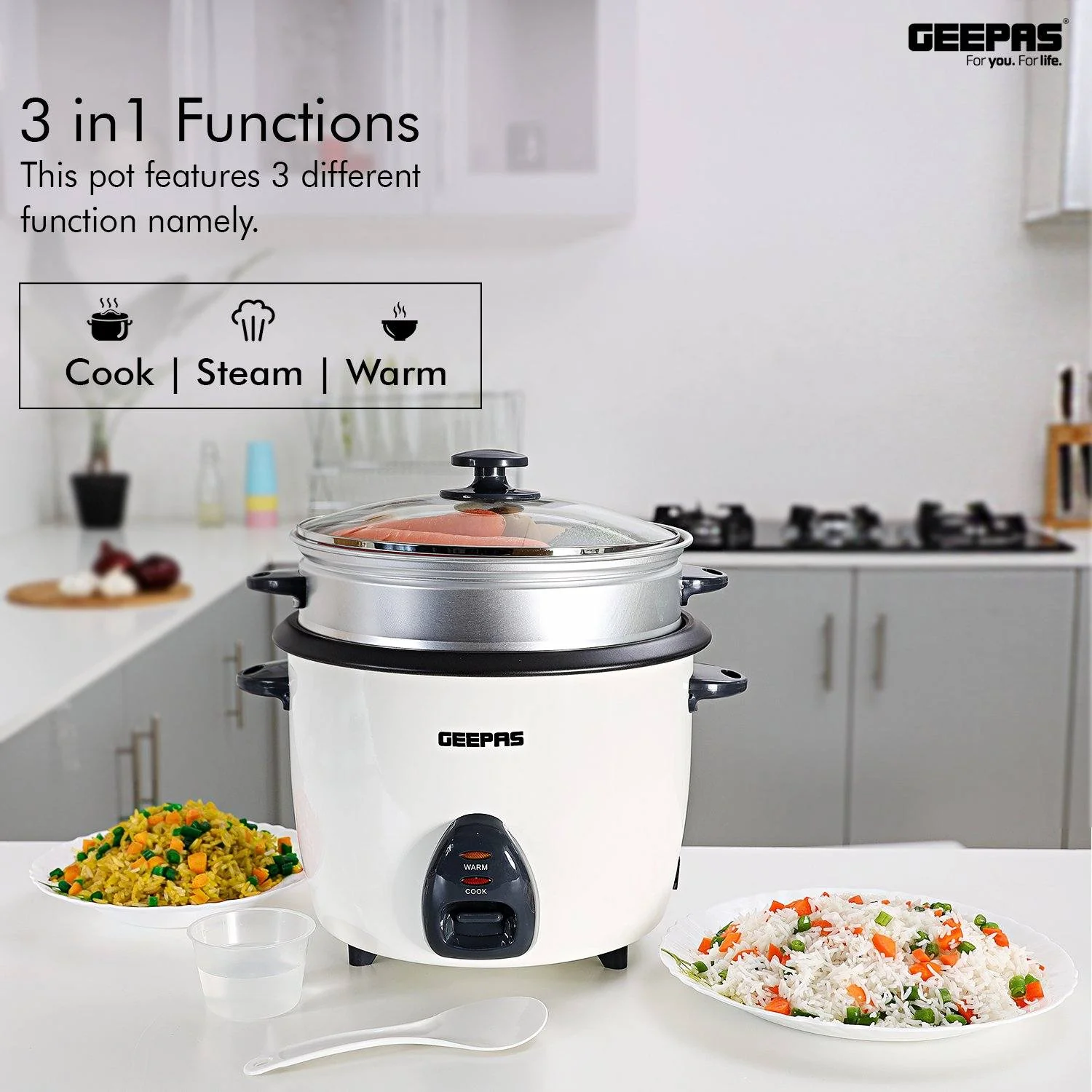 2.2L White Electric Rice Cooker With Steamer - Image 3