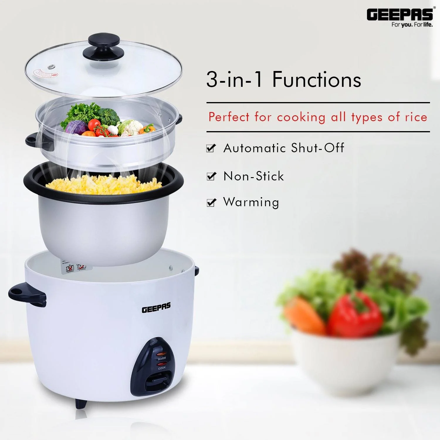 2.2L White Electric Rice Cooker With Steamer - Image 4