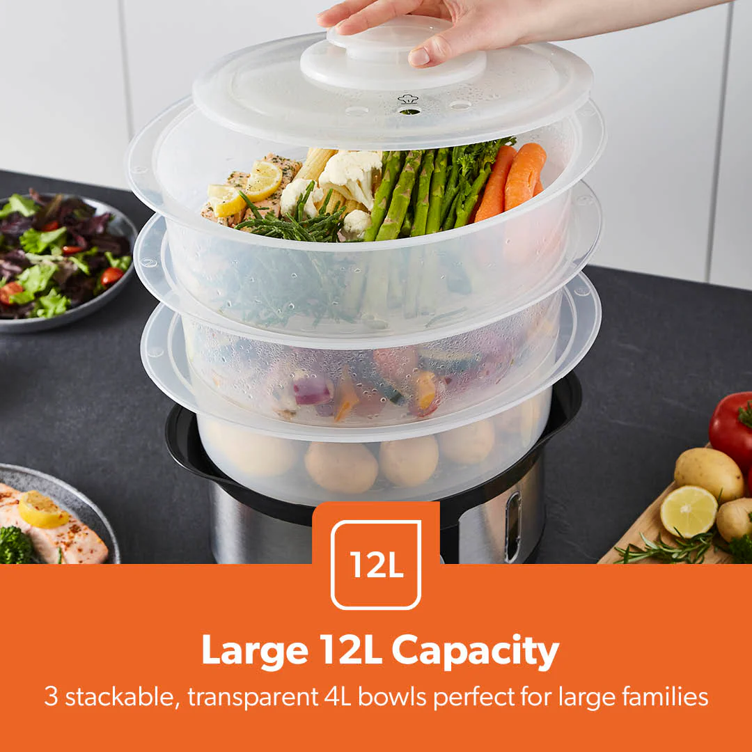 3-Tier Electric Stainless Steel Food Steamer and Cooker 12L - Image 3