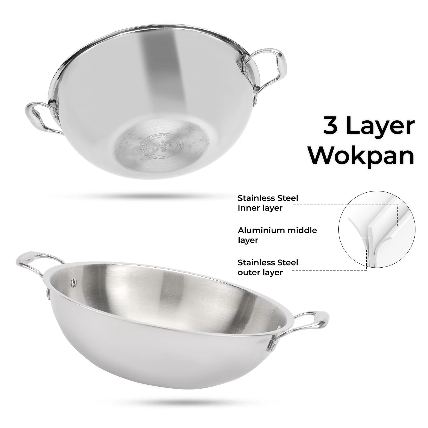Triply Stainless Steel Wok With Lid (24cm-32cm) - Image 3
