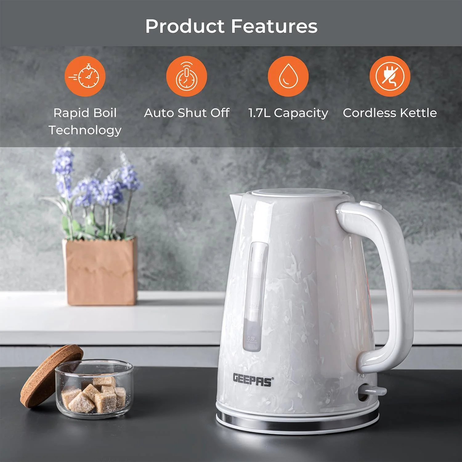 White 1.7L Cordless Electric Kettle & 900W 2-Slice Bread Toaster Set - Image 2